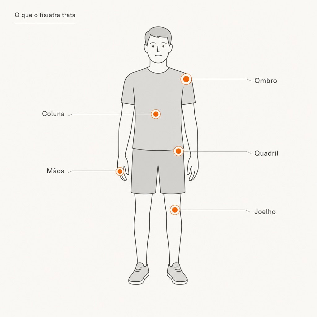Mapa do corpo: o que o médico fisiatra trata — coluna, ombro, quadril, joelho e mãos.