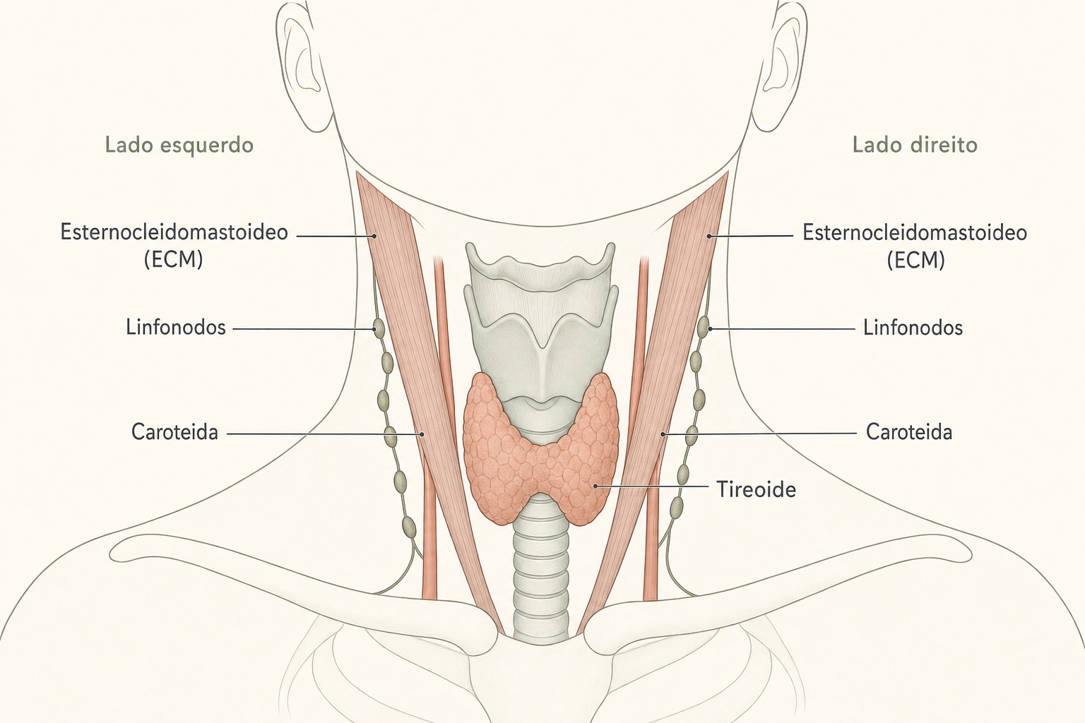 Anatomia da frente do pescoço em vista anterior: a glândula tireoide ao centro sobre a traqueia, os linfonodos cervicais, a artéria carótida e o músculo esternocleidomastóideo de cada lado, com os lados esquerdo e direito marcados
