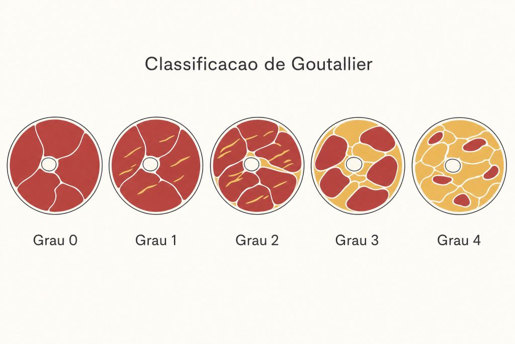 Ilustração da classificação de Goutallier: cinco cortes do músculo mostrando a infiltração gordurosa progressiva do grau 0 ao grau 4