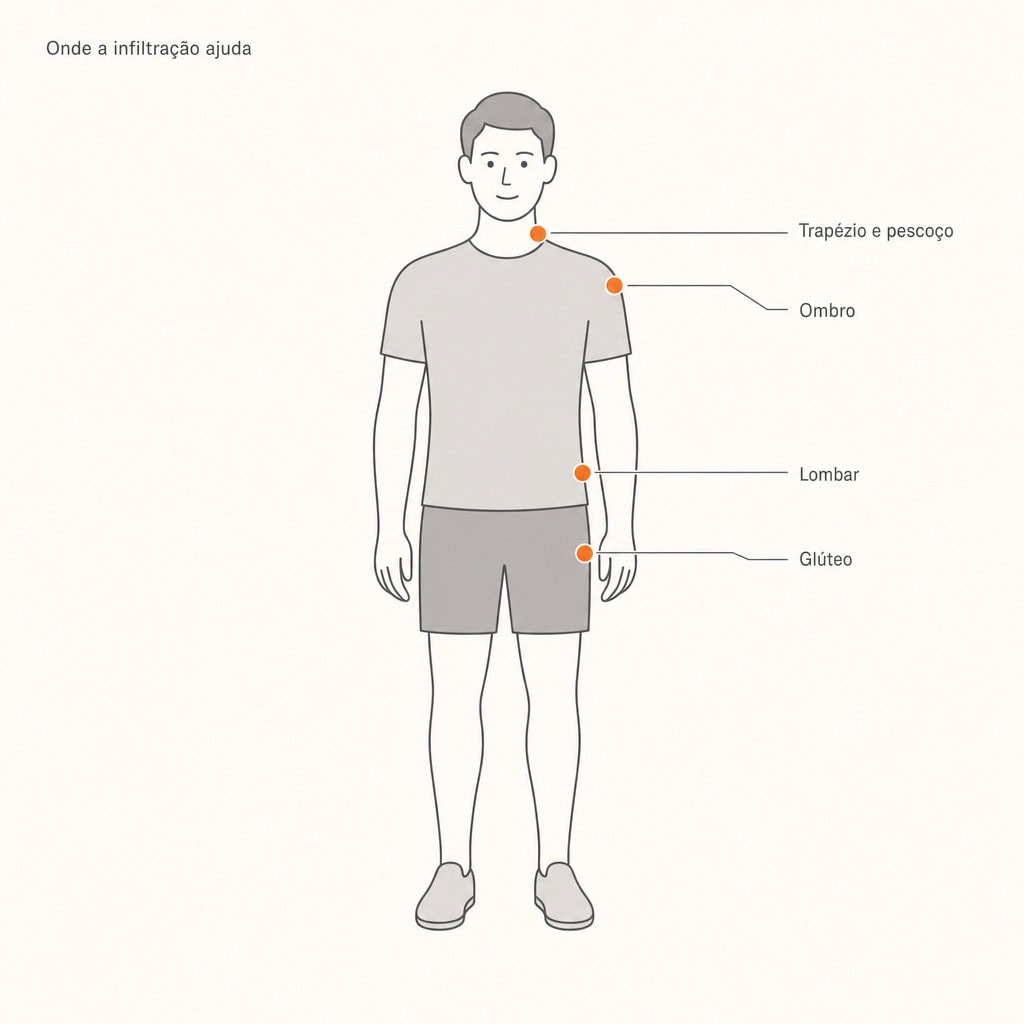 Mapa do corpo: regiões miofasciais tratadas com infiltração de pontos-gatilho — trapézio e pescoço, ombro, lombar e glúteo.