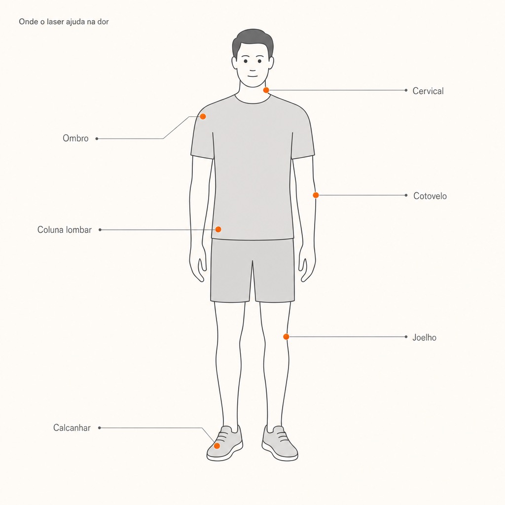 Mapa do corpo em estilo Dieter Rams mostrando onde o laser de alta intensidade ajuda: cervical, ombro, cotovelo, coluna lombar, joelho e calcanhar.