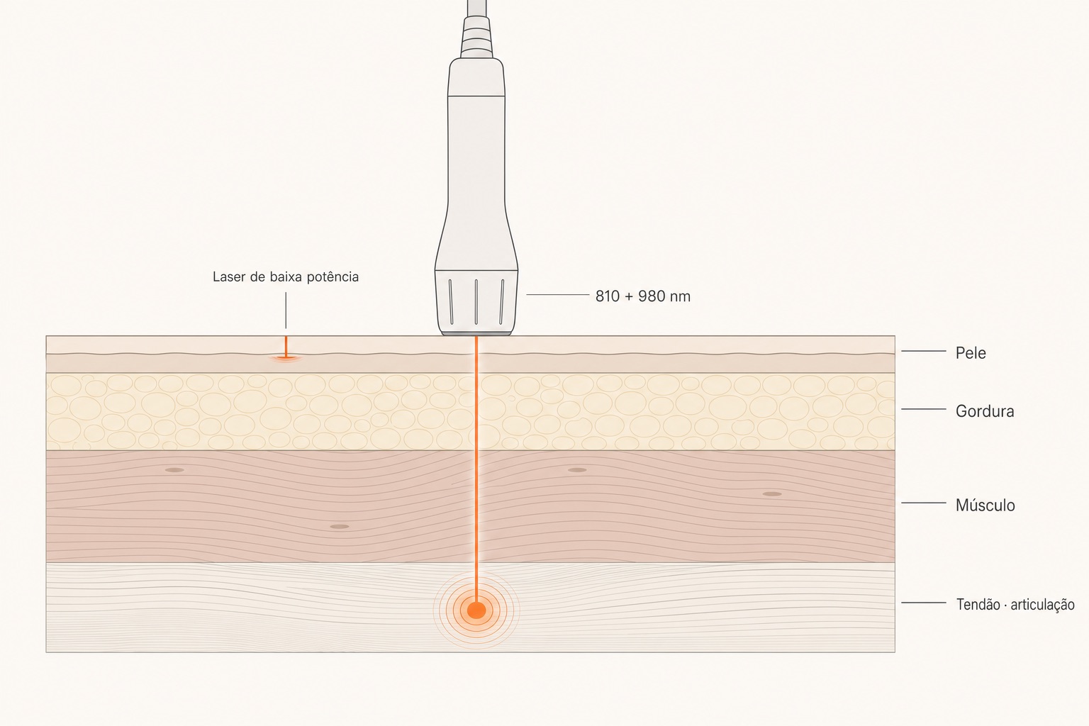 Ilustração em estilo Dieter Rams do laser de alta intensidade penetrando a pele, a gordura e o músculo até atingir o tendão e a articulação; o laser de baixa potência fica na superfície.