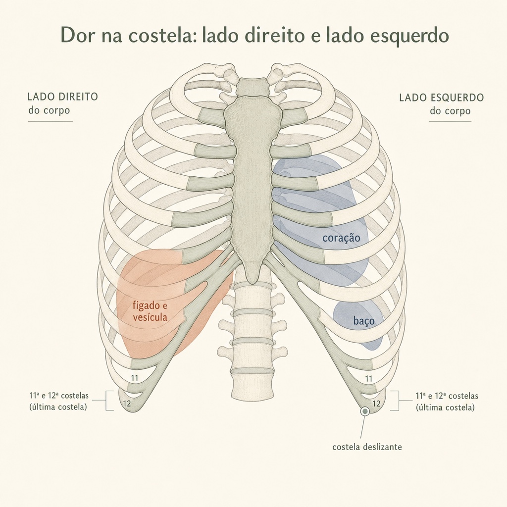 Dor na costela: neurite intercostal, fratura e mais 12 Locador da dor na costela direita e esquerda: à direita, fígado e vesícula sob o arco costal; à esquerda, coração e baço; e a última costela onde ocorre a síndrome da costela deslizante