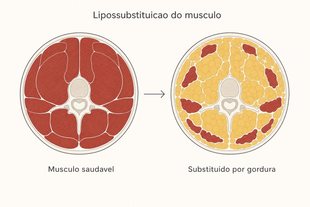 Corte axial da coluna comparando o músculo paravertebral saudável, em vermelho, com o músculo substituído por gordura, em amarelo