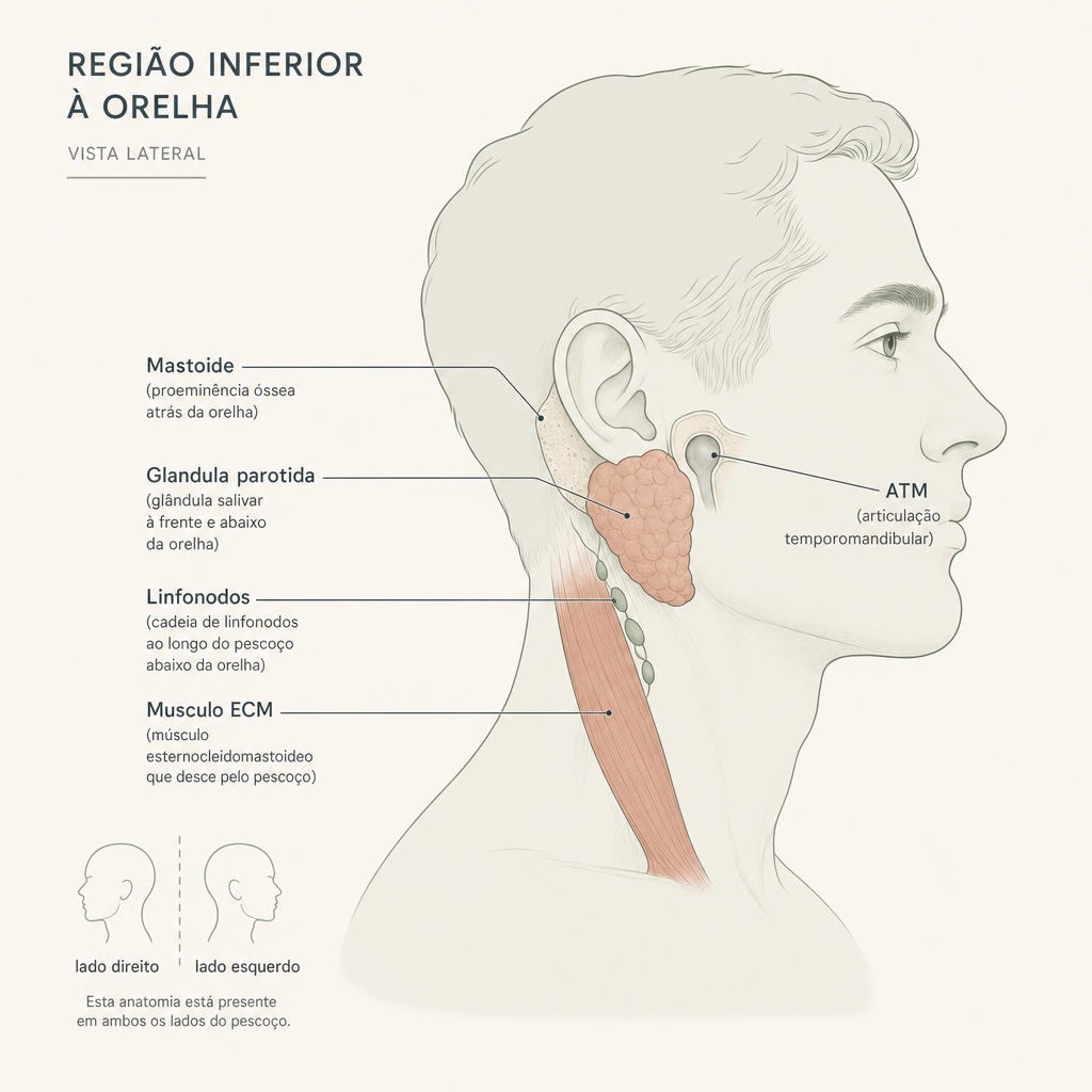 Ilustração da cabeça em vista lateral com a região abaixo da orelha destacada e estruturas rotuladas: mastoide, glândula parótida, linfonodos, musculo ECM e ATM.