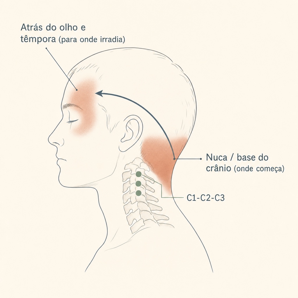 Onde dói a cefaleia cervicogênica: a dor começa na nuca e na base do crânio, na parte de trás da cabeça, e irradia por cima até atrás do olho e a têmpora, do mesmo lado, a partir das articulações cervicais altas C1-C2-C3