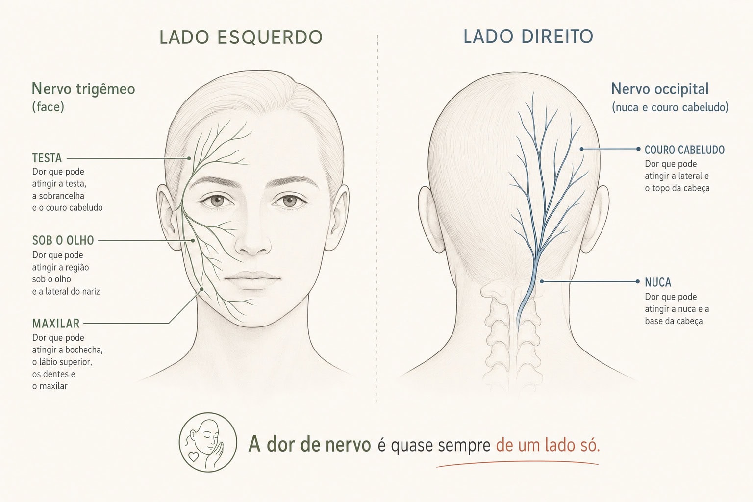 Locador da dor em choque na cabeça por lado: o nervo trigêmeo na face e o nervo occipital subindo da nuca pelo couro cabeludo, mostrando que a dor de nervo é quase sempre de um lado só