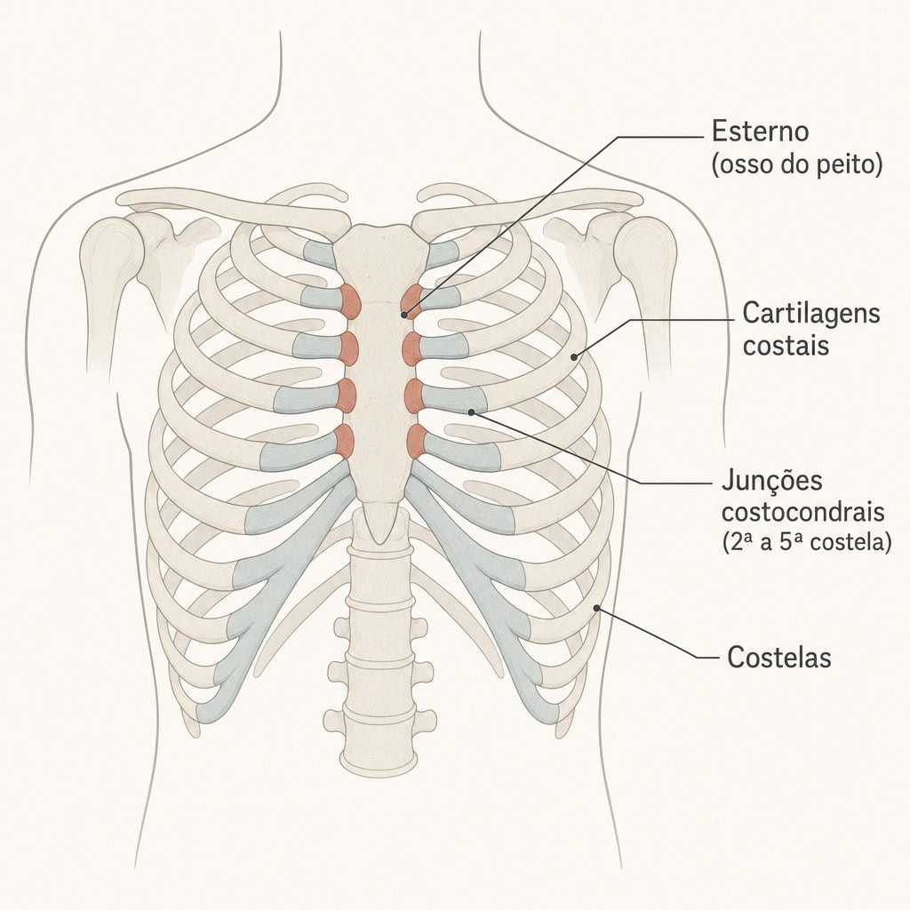 Diagrama de localização da costocondrite: o esterno (osso do peito) no meio do tórax, as cartilagens costais e as junções costocondrais da 2ª à 5ª costela, onde a dor se concentra
