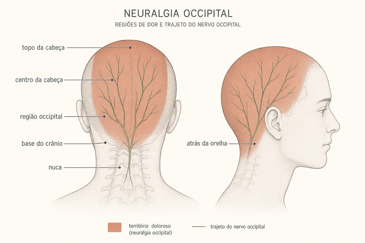 Diagrama de duas cabeças, em vista posterior e de perfil, com a área do couro cabeludo entre nuca, base do crânio e topo da cabeça pintada em tom de pele para marcar o território de dor da neuralgia occipital e o trajeto ramificado do nervo occipital.
