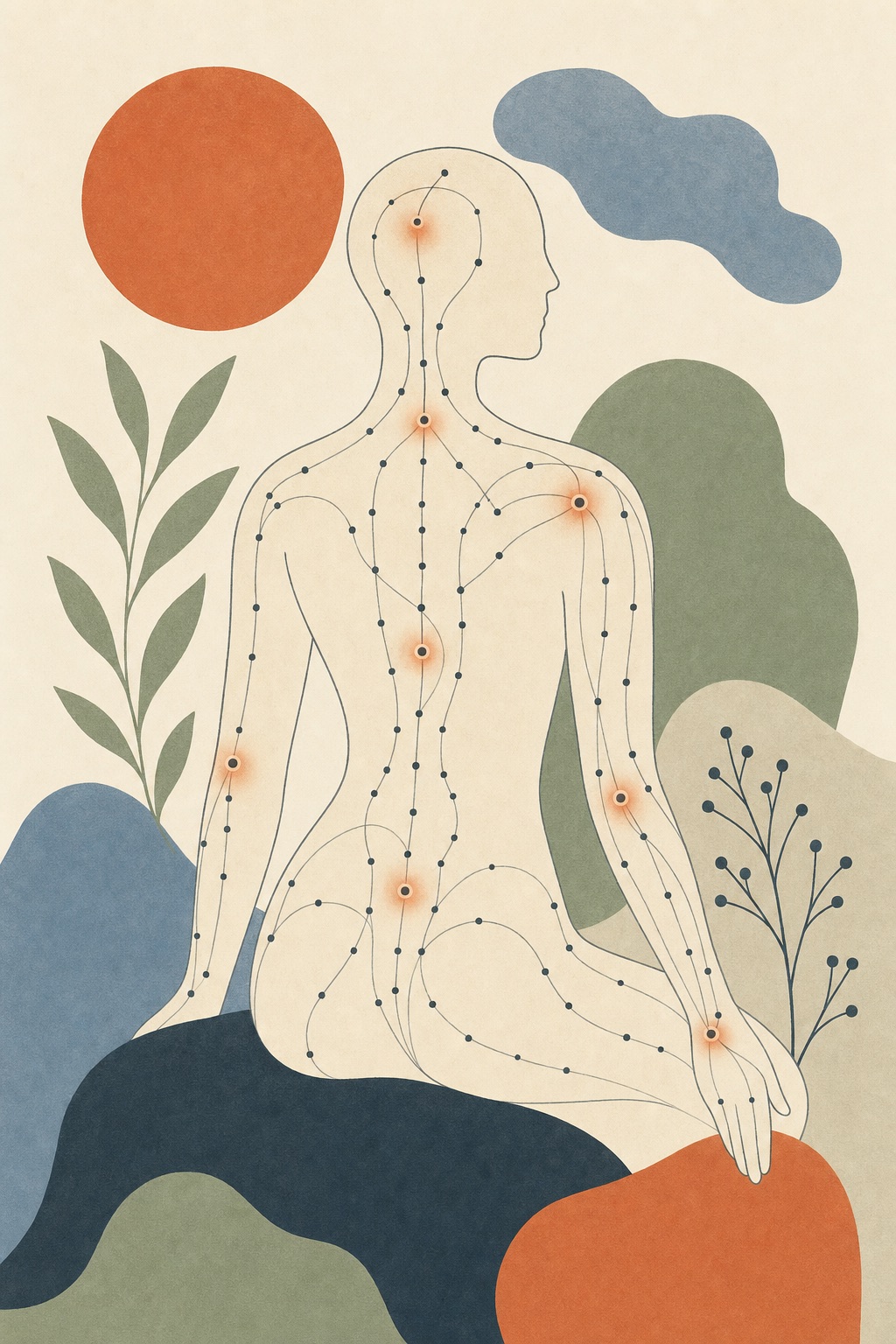 Ilustração editorial abstrata: figura humana serena representada como um mapa de pontos de acupuntura conectados por finas linhas de meridianos