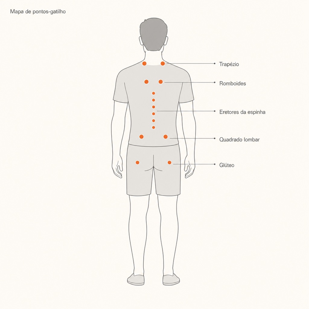 Mapa do corpo (vista posterior) com as regiões comuns de pontos-gatilho nas costas.
