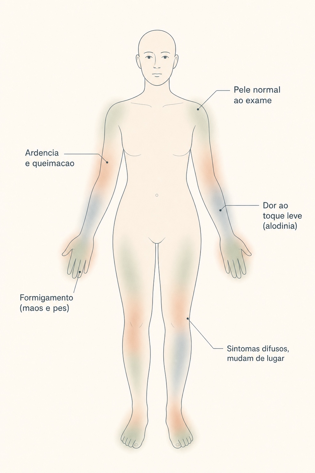 Alodínia - Dor desproporcional em nervos 9 Ilustração de um corpo humano com legendas apontando pele normal ao exame, ardência e queimação, dor ao toque leve (alodinia), formigamento em mãos e pés e sintomas difusos que mudam de lugar