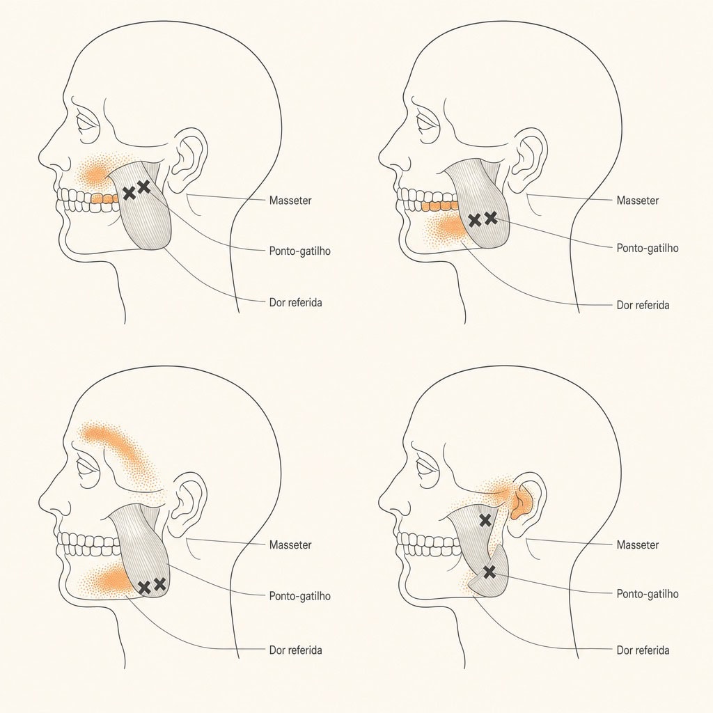 Diagrama do músculo masseter com pontos-gatilho (X) e a dor referida na bochecha, dentes, mandíbula e ouvido.