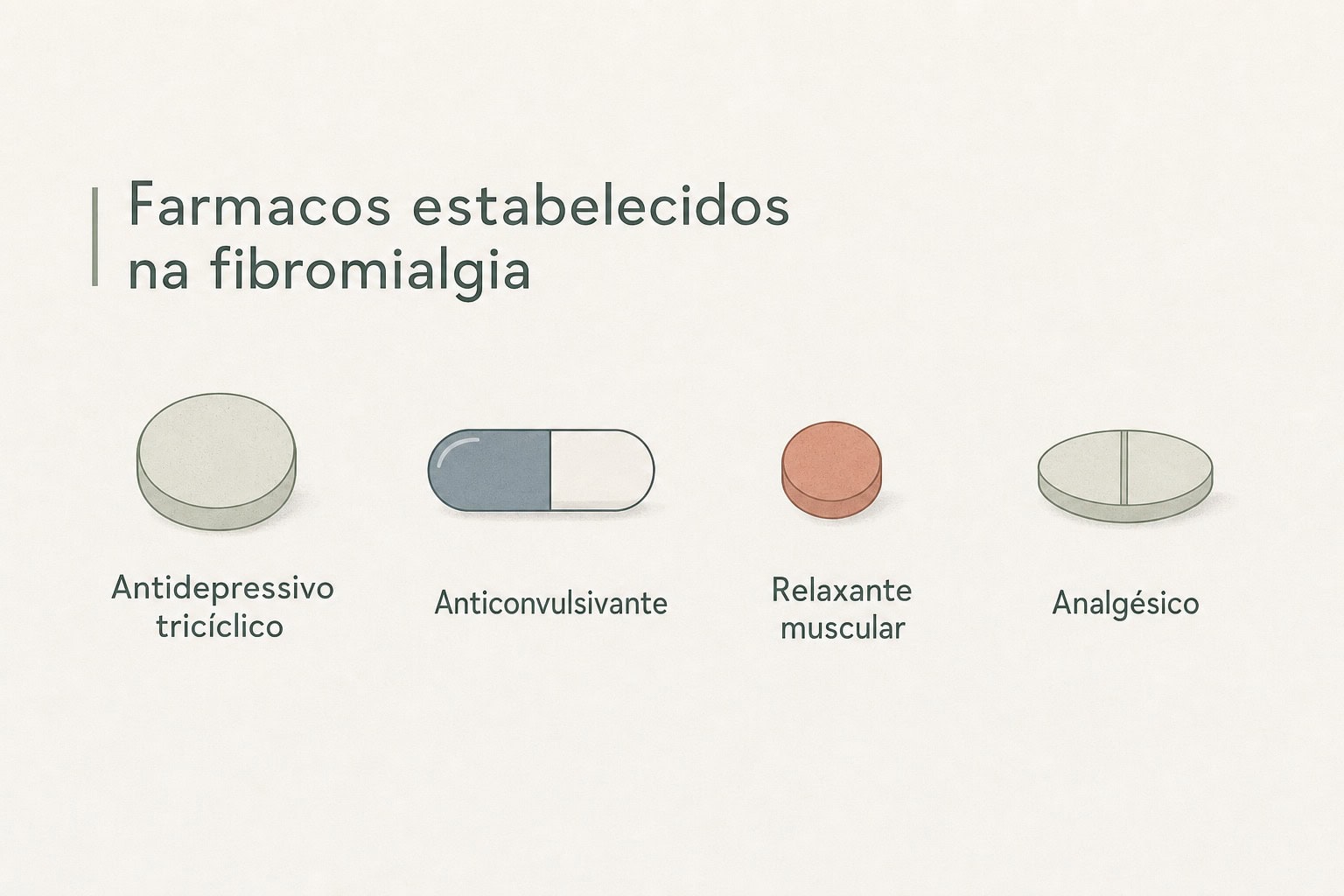 Ilustração das classes de fármacos estabelecidos na fibromialgia: antidepressivo tricíclico, anticonvulsivante, relaxante muscular e analgésico.
