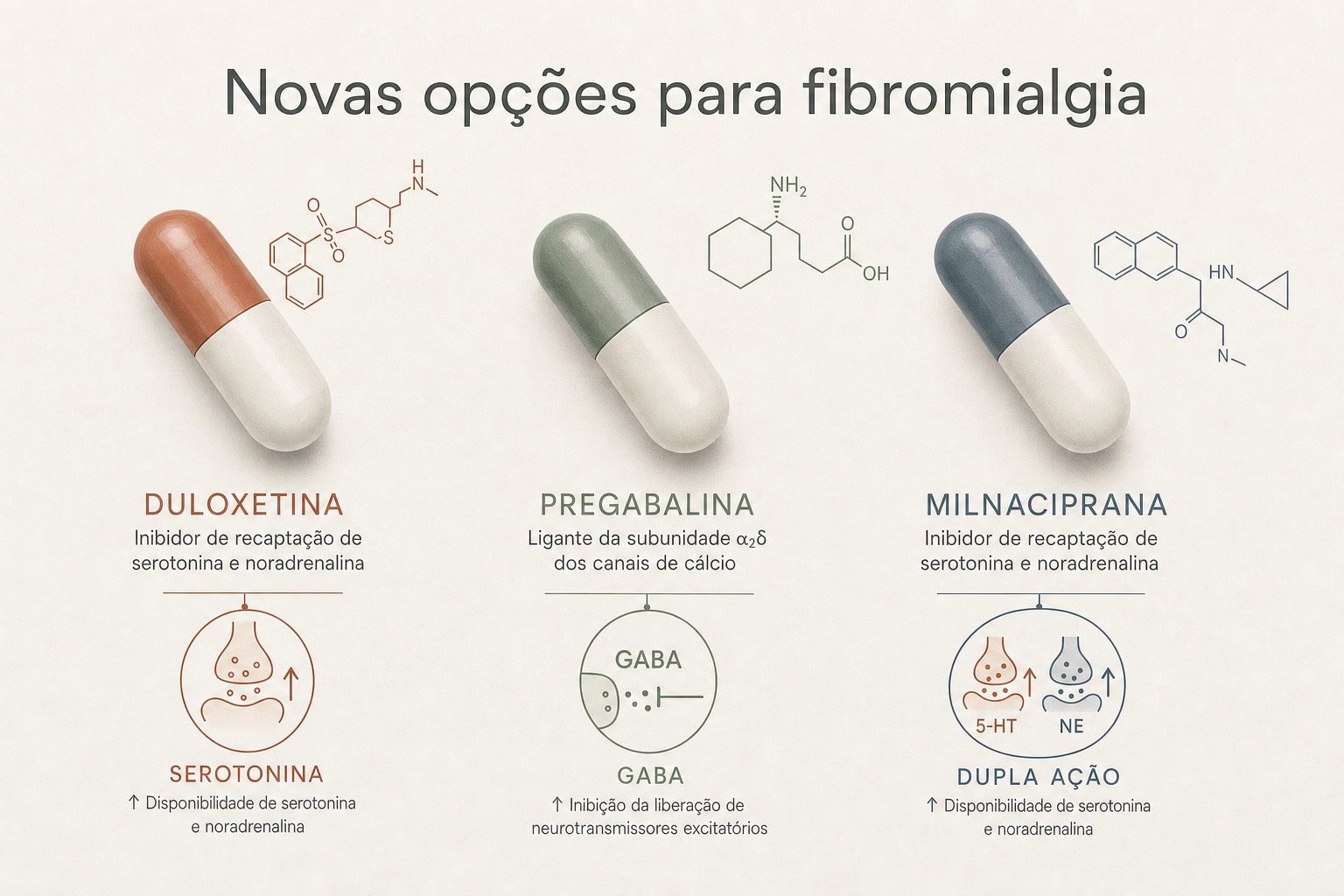 Ilustração das novas opções para fibromialgia (duloxetina, pregabalina e milnaciprana), com a estrutura química e o mecanismo de ação de cada uma.