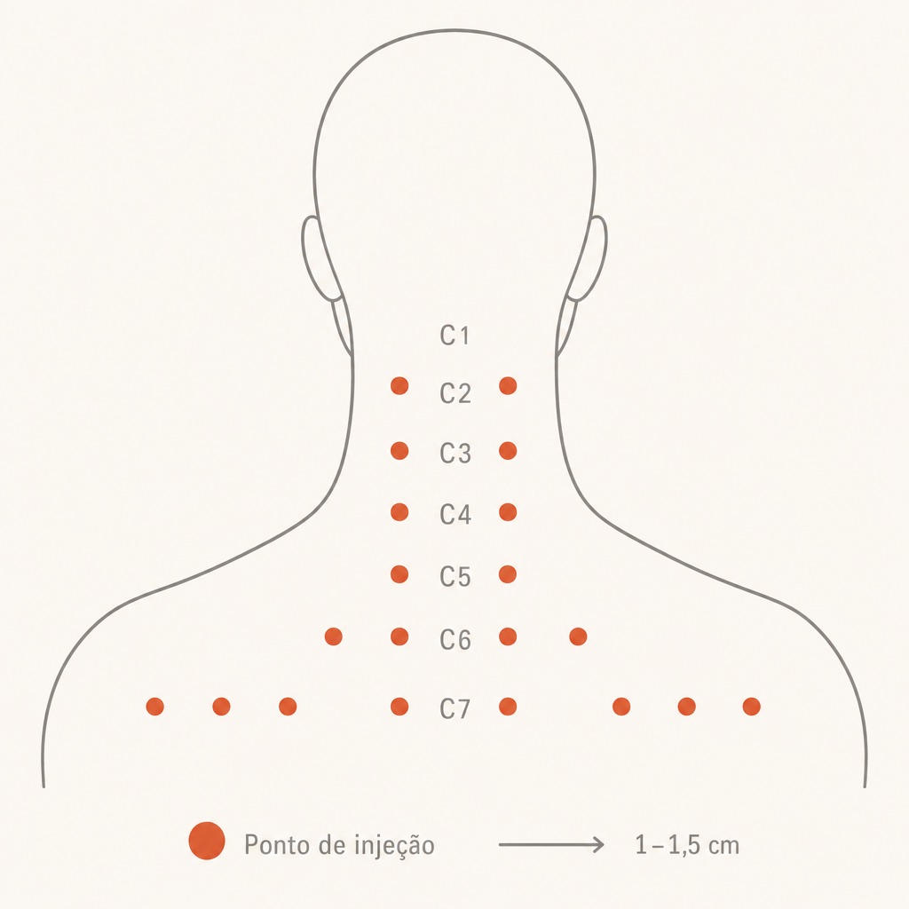 Esquema de aplicação da mesoterapia cervical mostrando os 20 pontos de injeção intradermal distribuídos bilateralmente ao longo da coluna cervical C1–C7