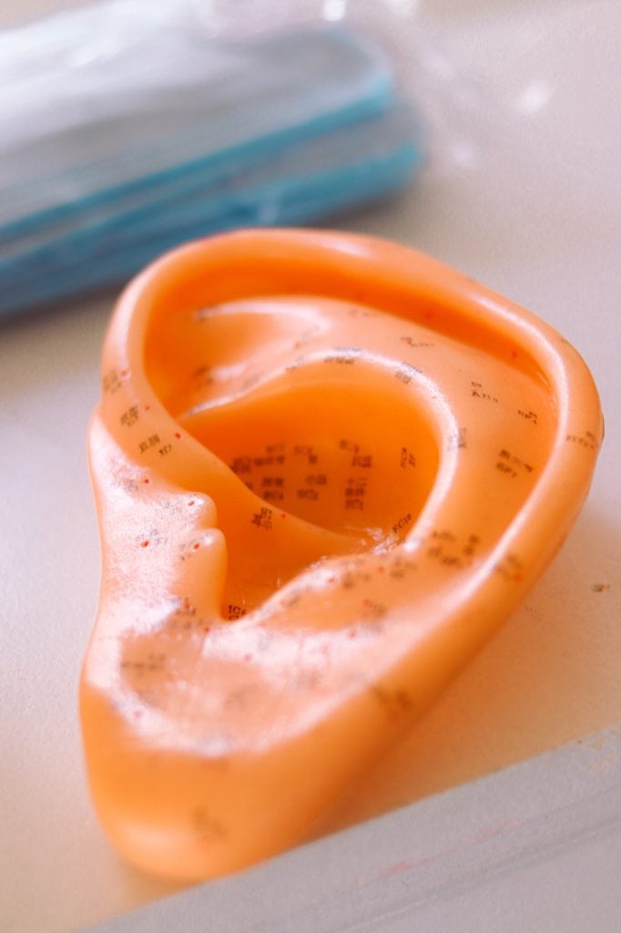 Modelo de orelha com pontos de acupuntura auricular sobre a mesa