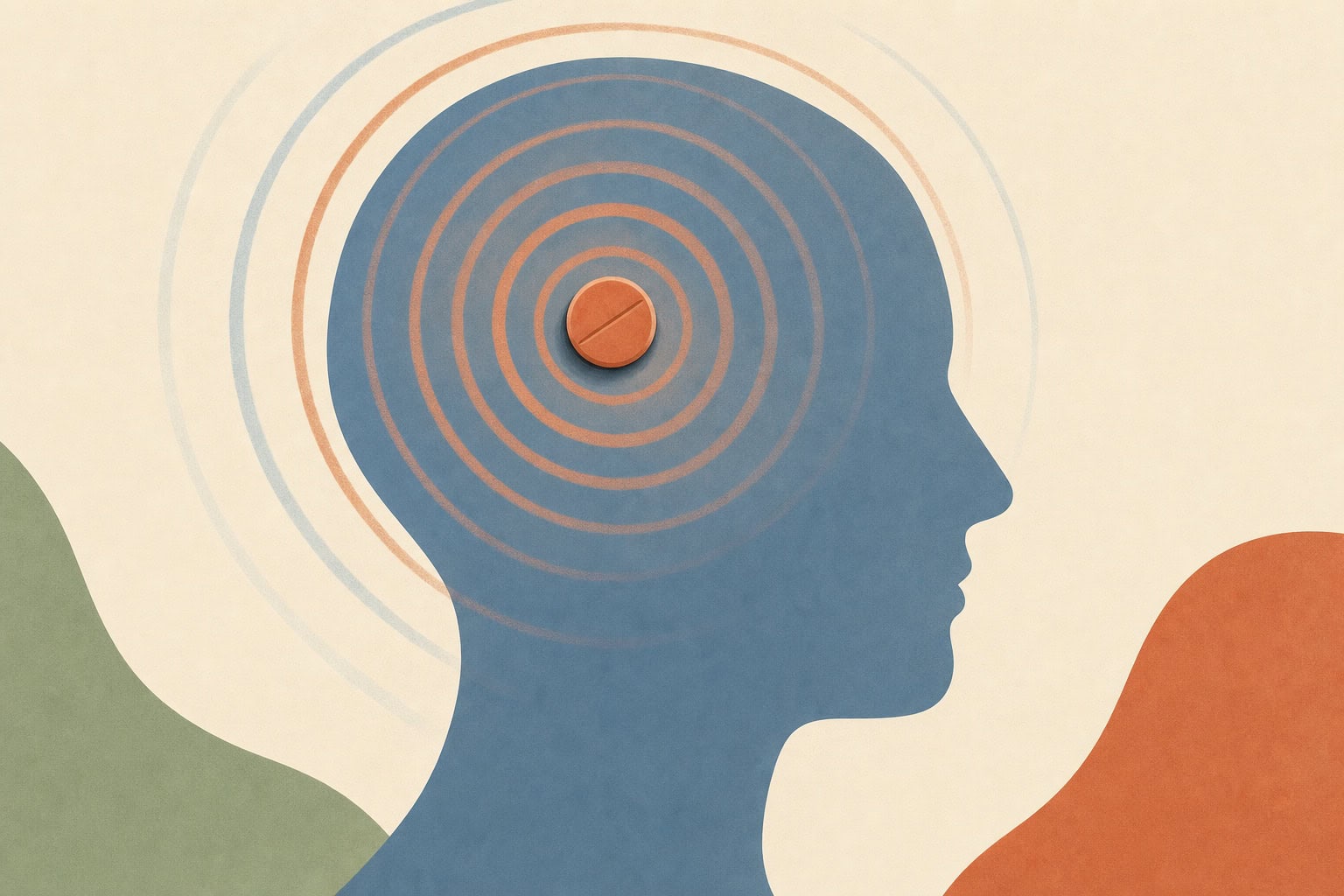 Ilustração editorial abstrata: cabeça de perfil com um comprimido no centro irradiando ondas de dor, sugerindo que o próprio remédio passa a sustentar a cefaleia