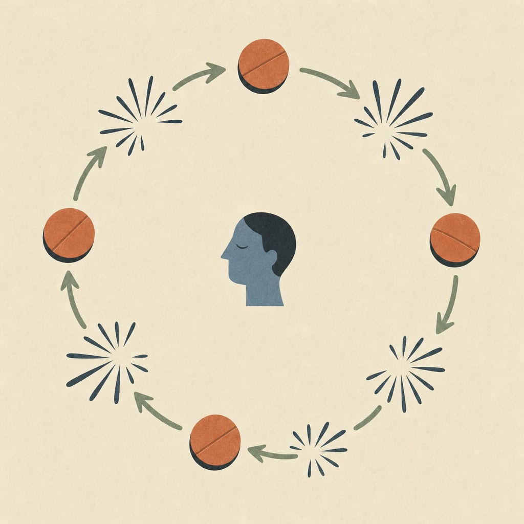 Ilustração editorial abstrata: comprimidos e crises de dor alternados em um círculo de setas, com uma cabeça no centro, representando o ciclo vicioso