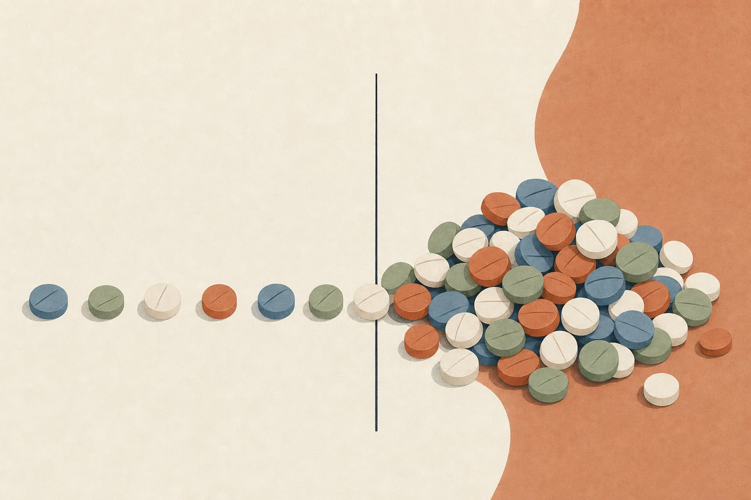Ilustração editorial abstrata: poucos comprimidos espaçados à esquerda e uma pilha densa à direita, separados por uma linha que marca o limite de dias de uso