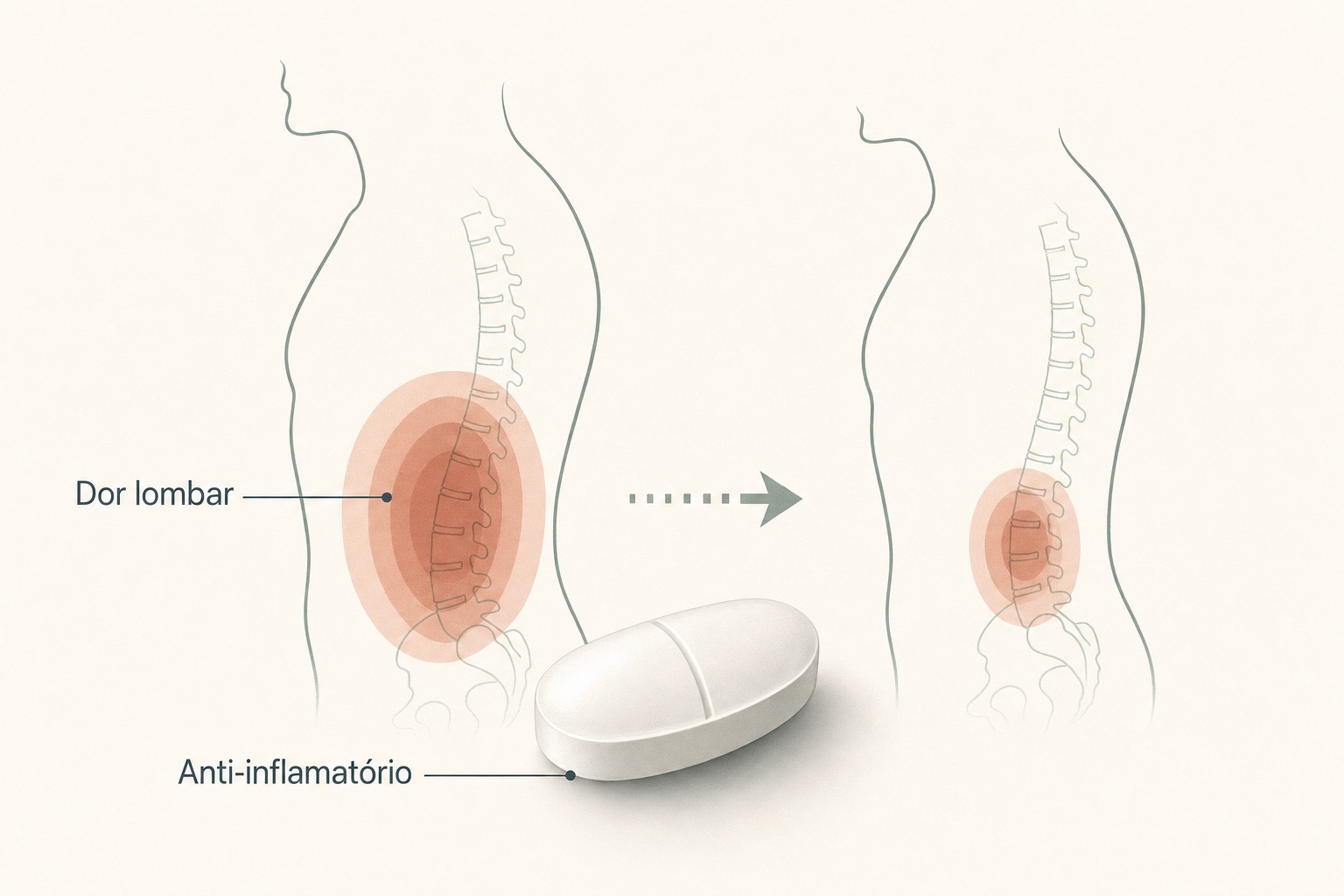 Naproxeno para dor 2 Ilustração de um anti-inflamatório reduzindo a área de dor lombar, mostrada na coluna em vista lateral antes e depois.