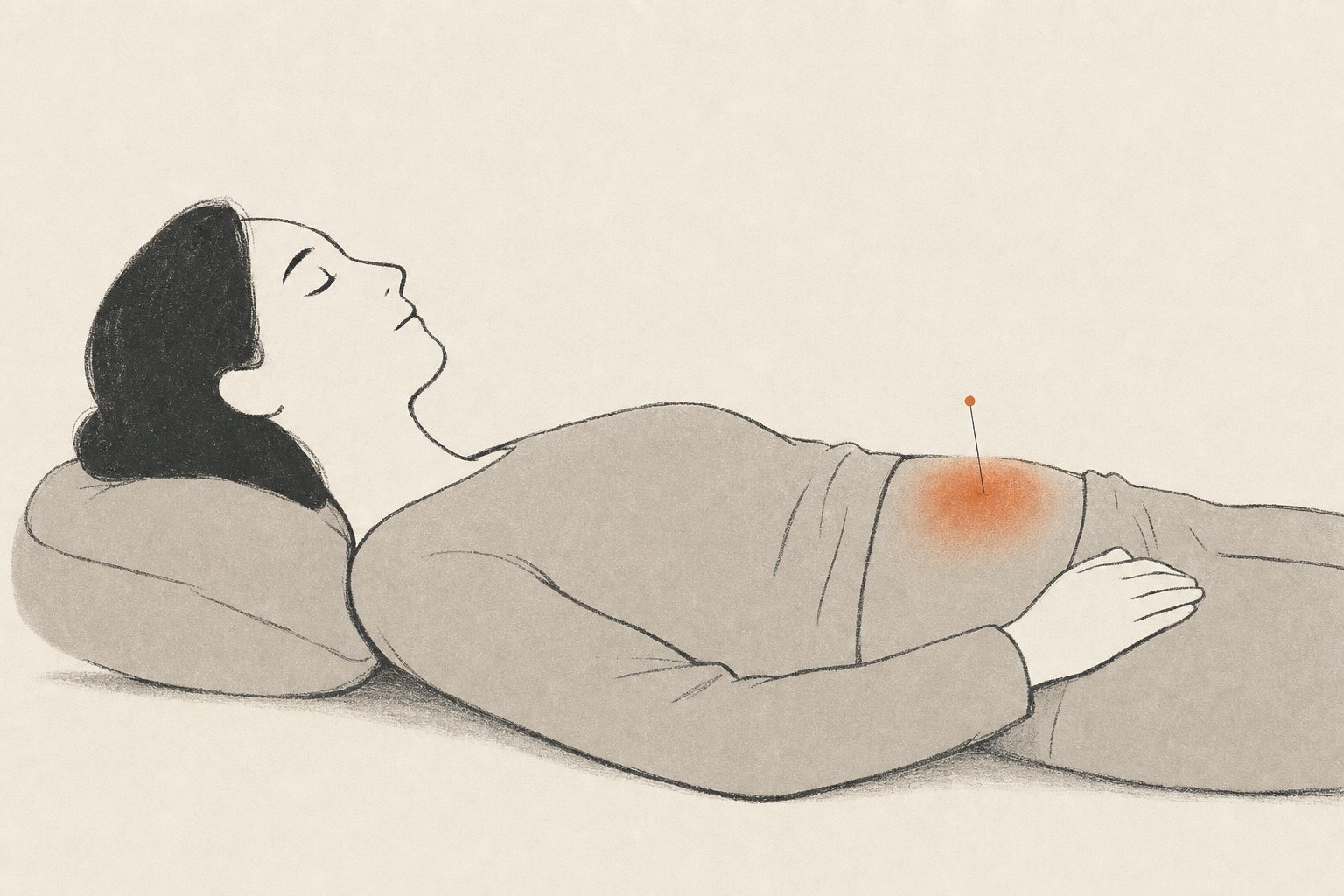 Ilustração editorial de uma agulha de acupuntura acalmando um calor em terracota no baixo-ventre.
