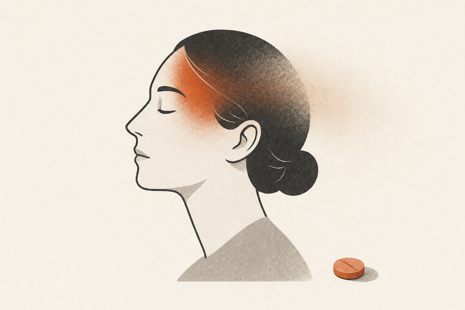 Ilustração editorial de uma cabeça com a dor em terracota cedendo, um comprimido ao lado.