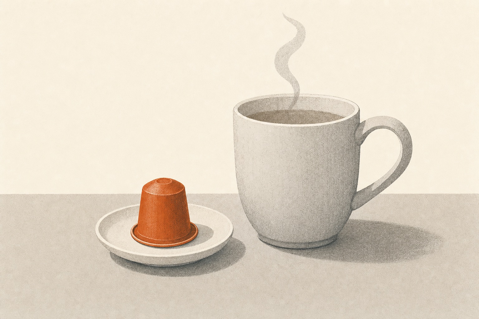 Ilustração editorial de uma cápsula ao lado de uma pessoa bocejando, com sonolência suave em terracota.