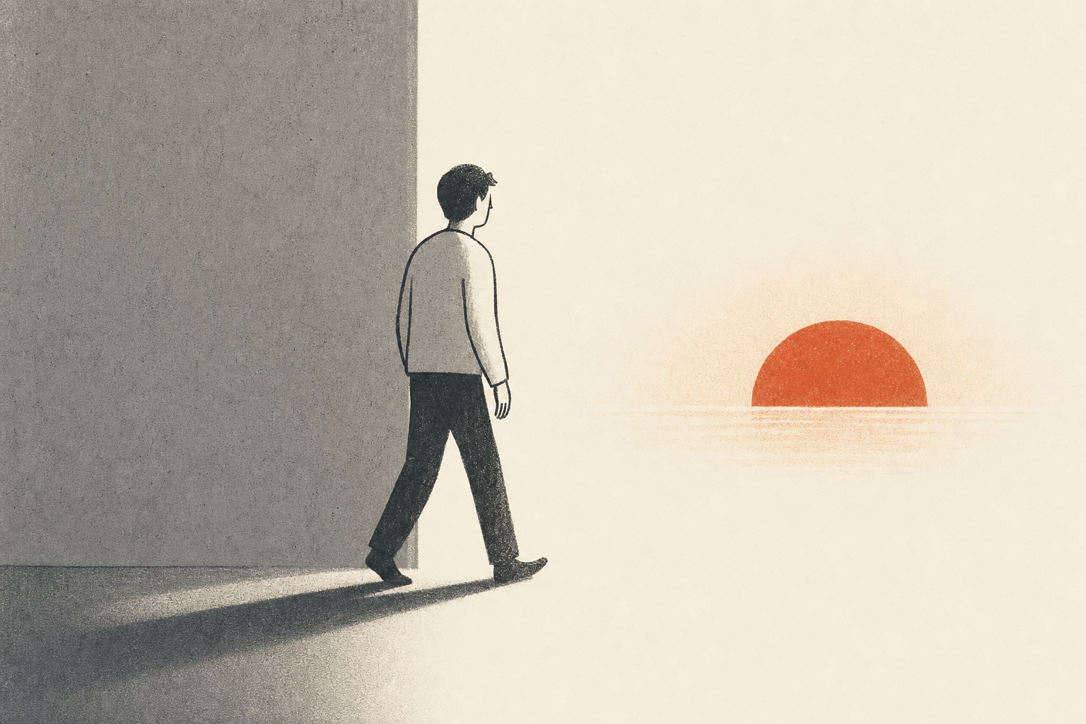 Ilustração editorial de uma pessoa saindo do cinza para uma luz quente em terracota.