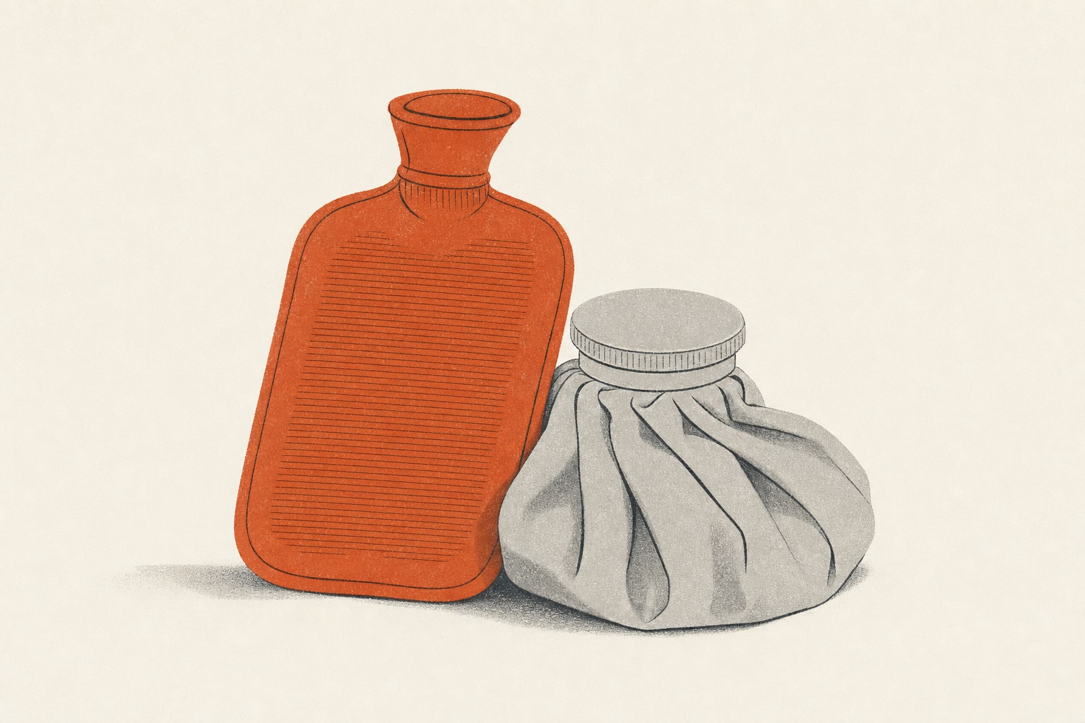 Ilustração editorial de uma bolsa de água quente em terracota ao lado de uma bolsa de gelo cinza.