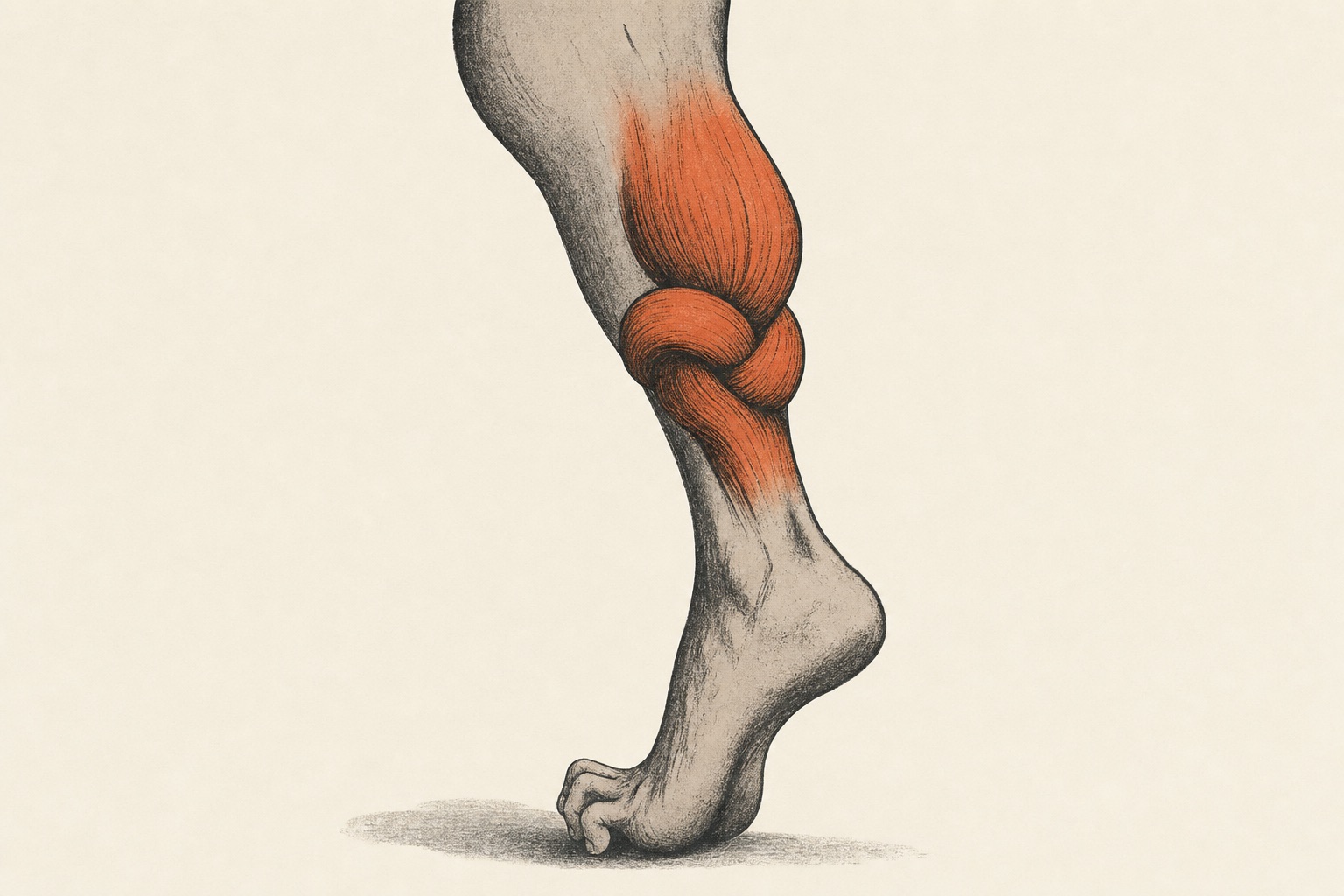 Ilustração editorial de uma panturrilha contraída num nó em terracota, com o pé tensionado.