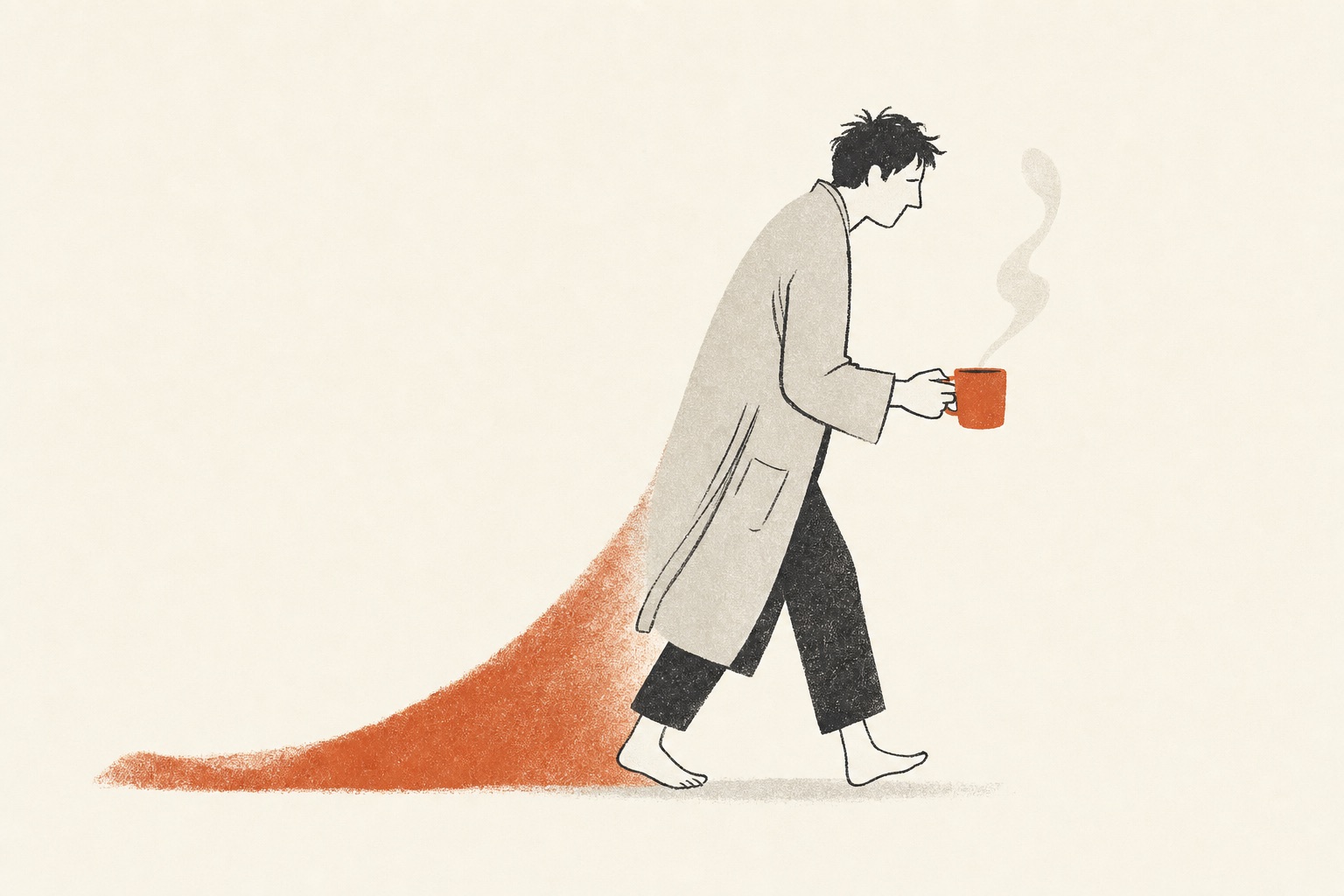 Ilustração editorial de uma pessoa arrastando-se de manhã com uma caneca de café e cansaço em terracota.
