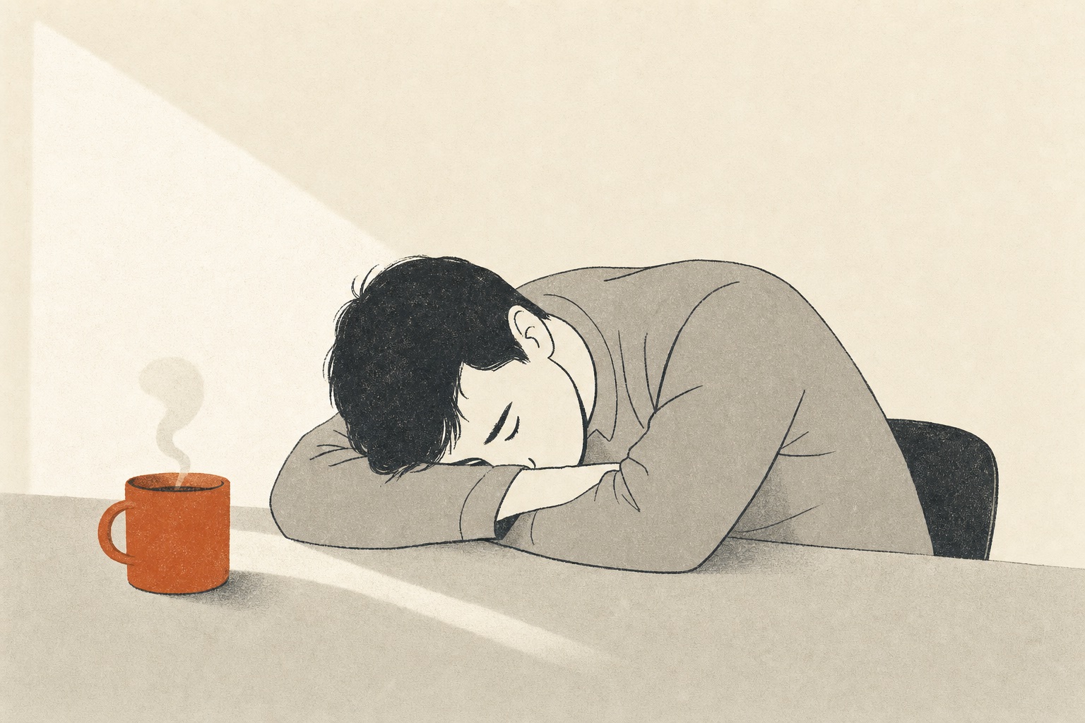 Ilustração editorial de uma pessoa cabisbaixa sobre a mesa, com um peso suave em terracota.