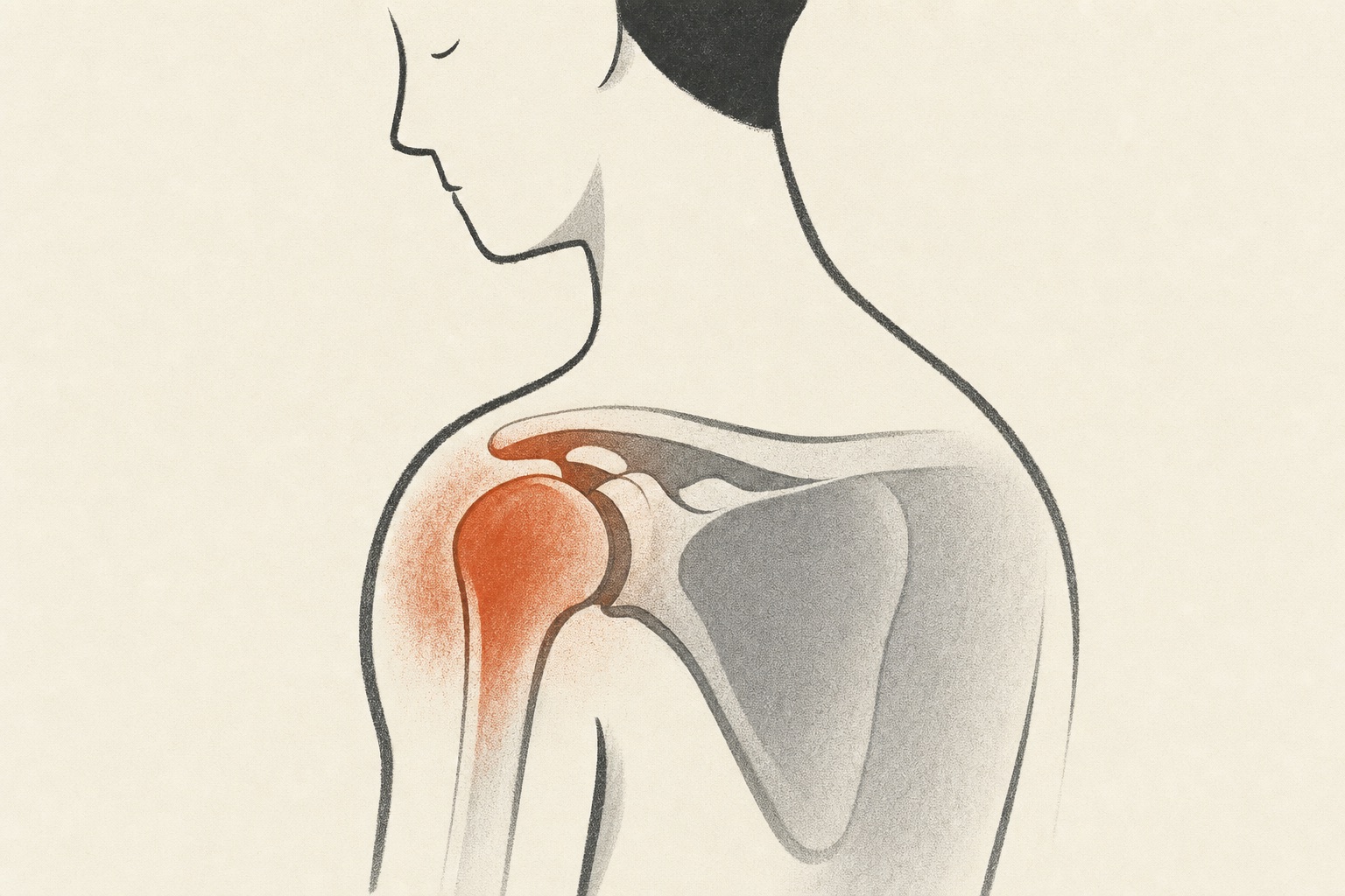Cetoprofeno para dor 1 Ilustração editorial de um ombro com a inflamação em terracota se acalmando.