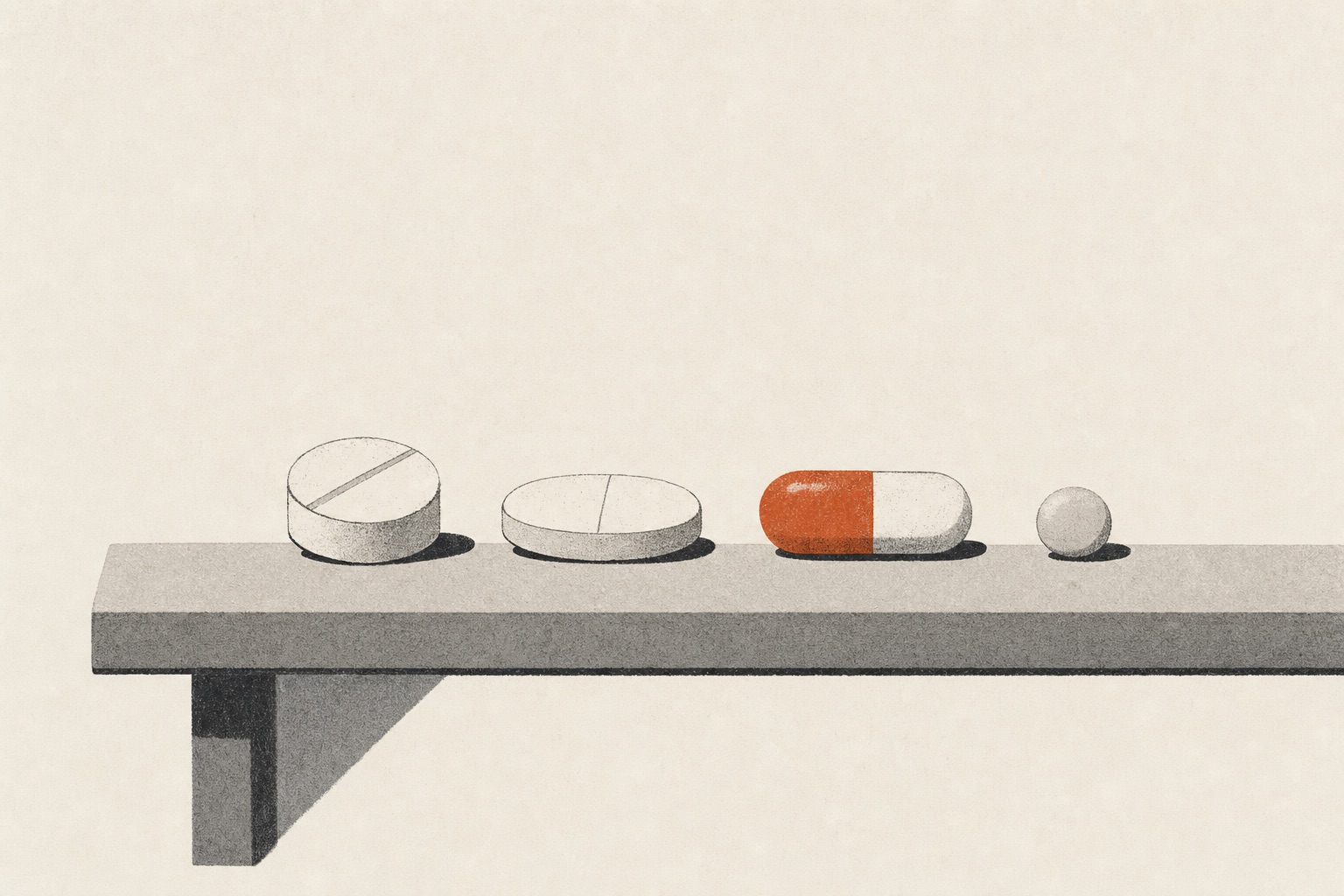 Guia de remédios para dor 2 Ilustração editorial de quatro formas distintas de comprimidos e cápsulas alinhadas sobre uma prateleira, representando diferentes classes de medicamentos para dor