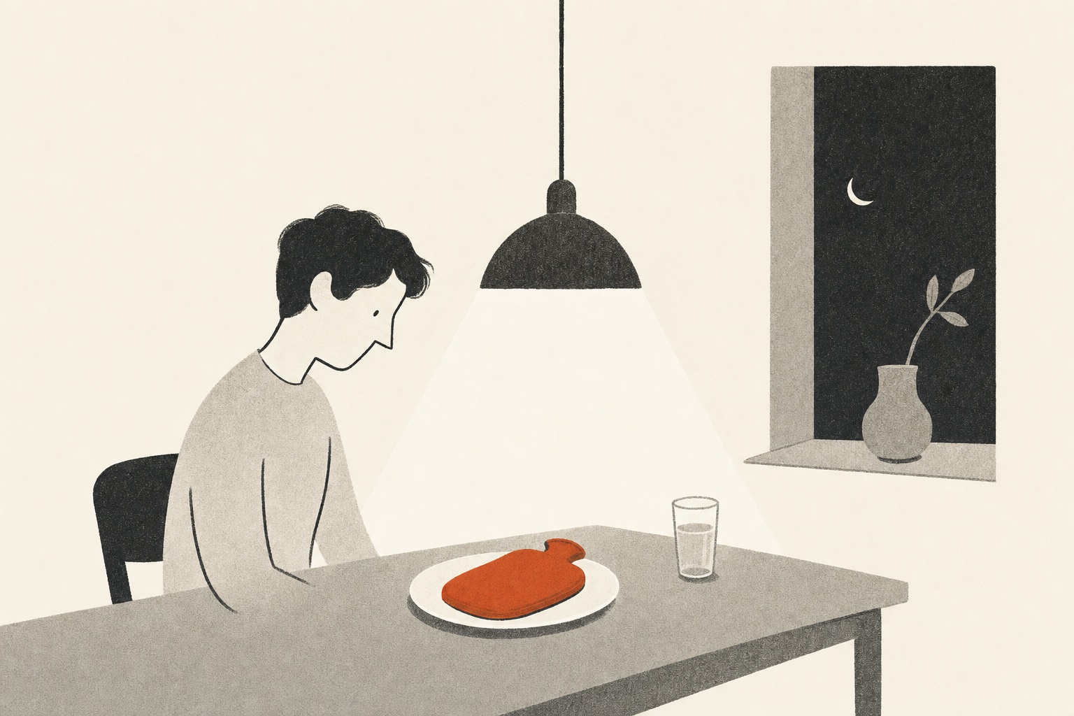 Ilustração editorial de uma pessoa sozinha à mesa à noite diante de um prato, com um impulso em terracota.