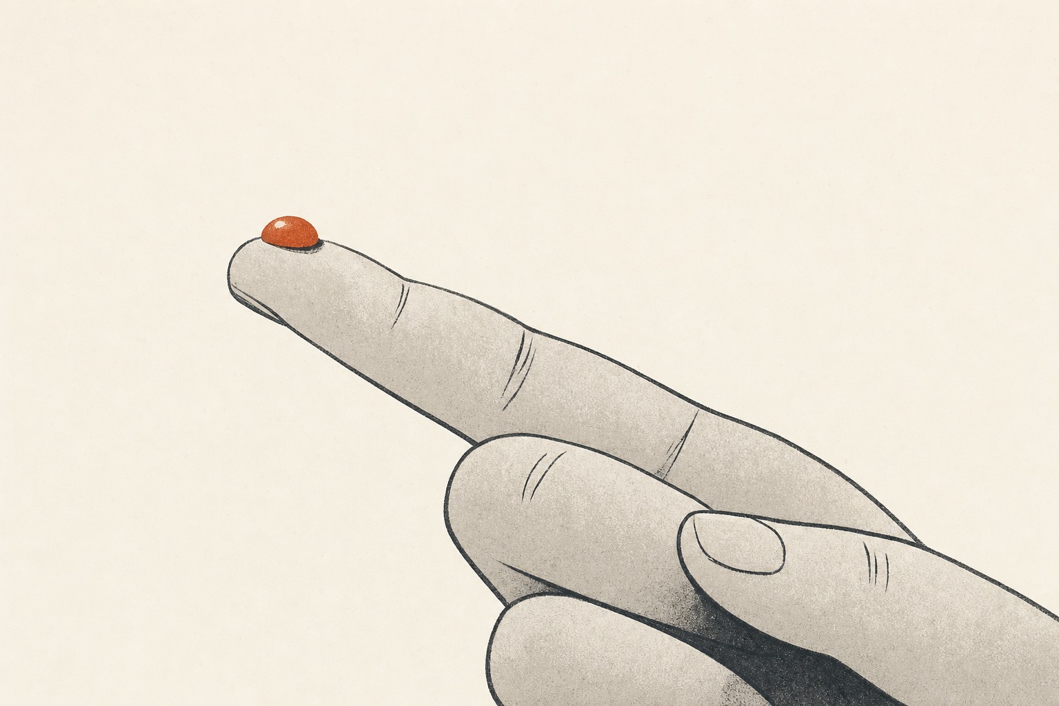 Ilustração editorial de uma ponta de dedo com uma gota em terracota, sugerindo o controle da glicemia.