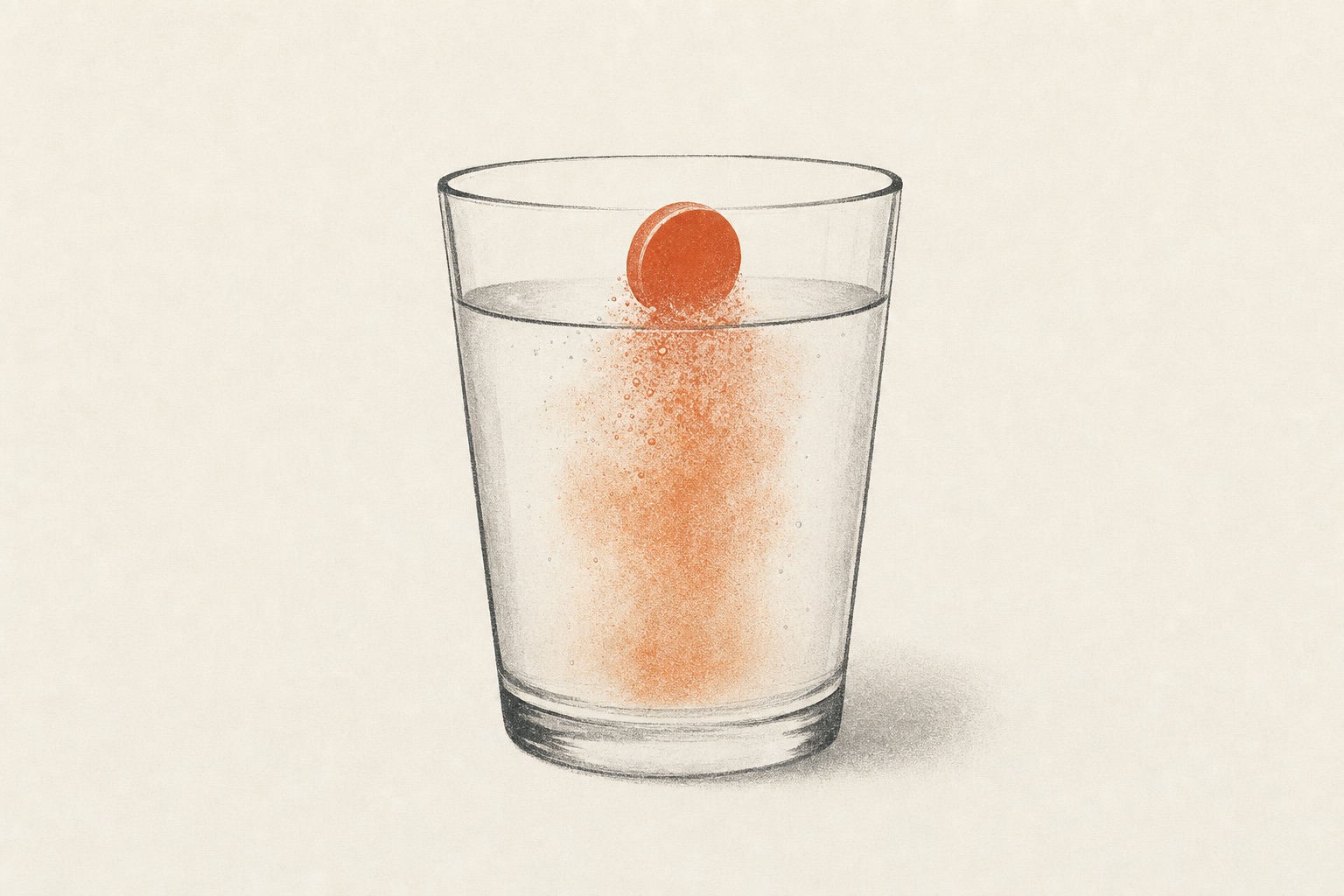 Dipirona para dor 1 Ilustração editorial de um comprimido se dissolvendo num copo d'água, com calor suave em terracota.