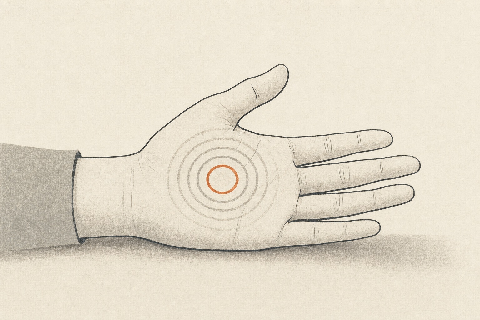 Ilustração editorial de disestesia: sensações anômalas representadas por ondas na palma da mão.
