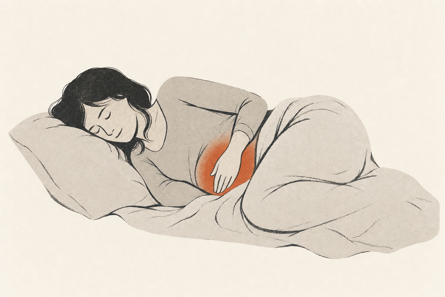 Ilustração editorial de uma mulher encolhida de lado com a mão sobre o baixo-ventre, onde um calor em terracota sugere a cólica menstrual.