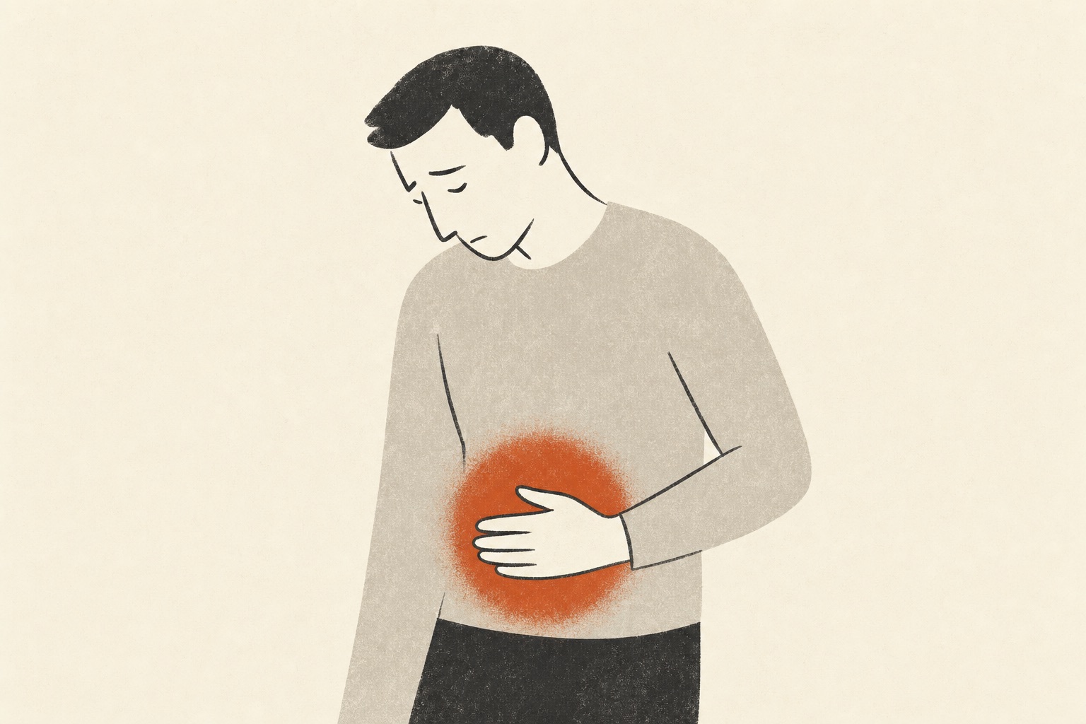 Ilustração editorial de uma pessoa com a mão na barriga e uma dor em terracota.