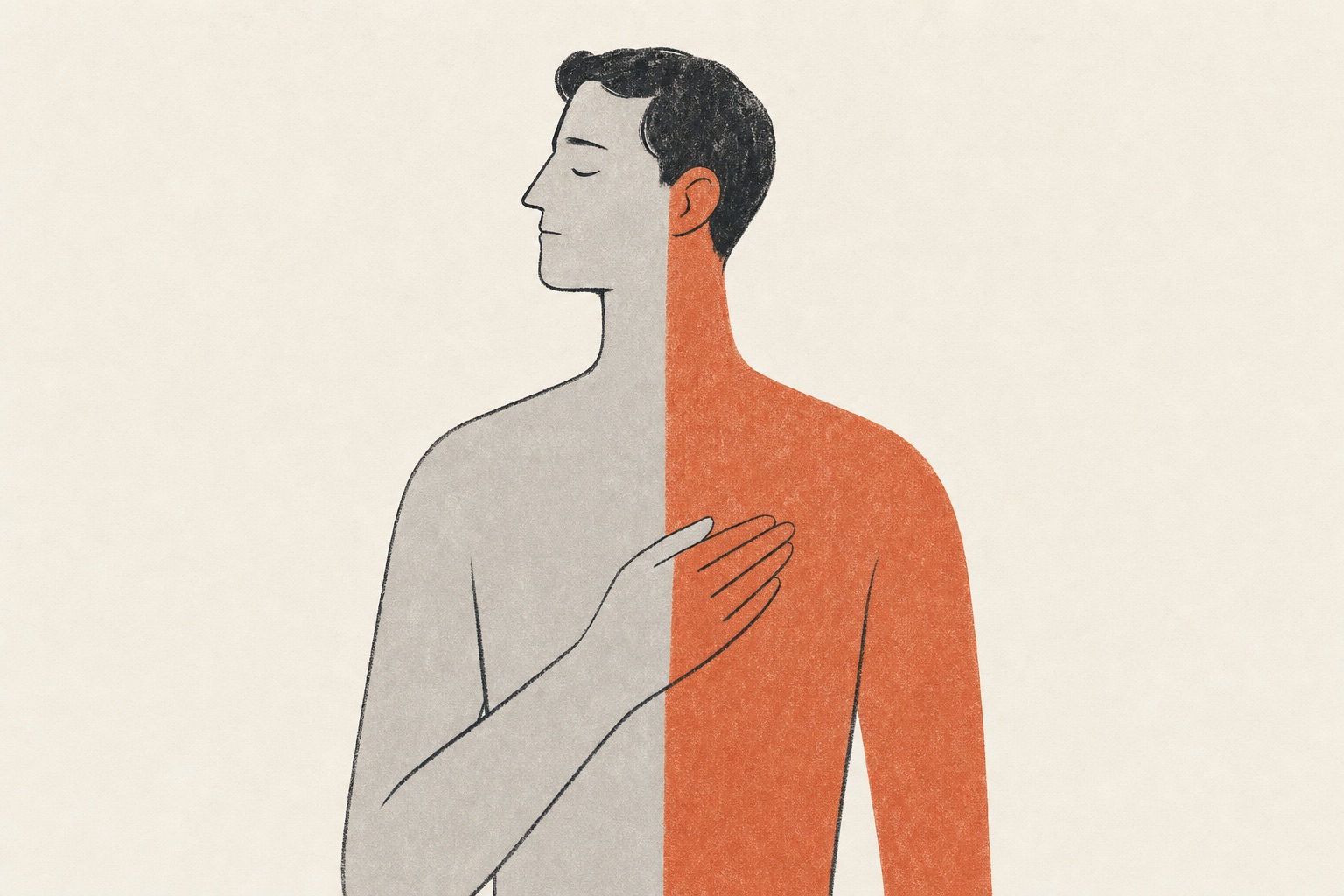 Ilustração editorial de uma pessoa com metade do corpo tingida de terracota, sugerindo dor de um lado após AVC.