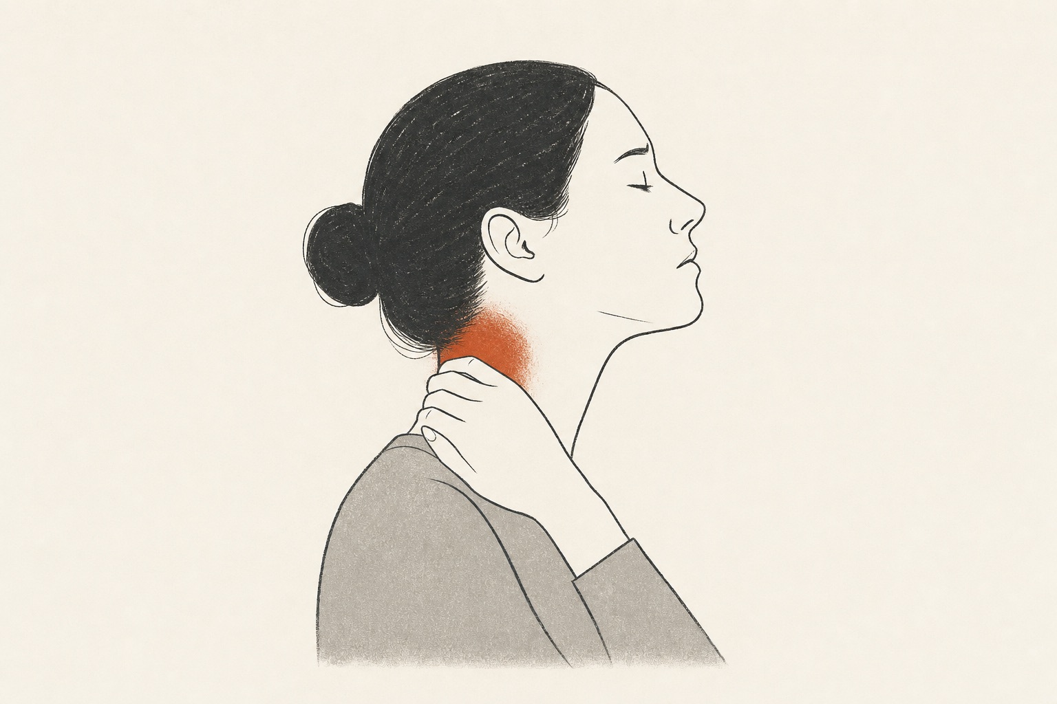 Ilustração editorial de cabeça e pescoço de perfil, com dor em terracota na base do crânio.