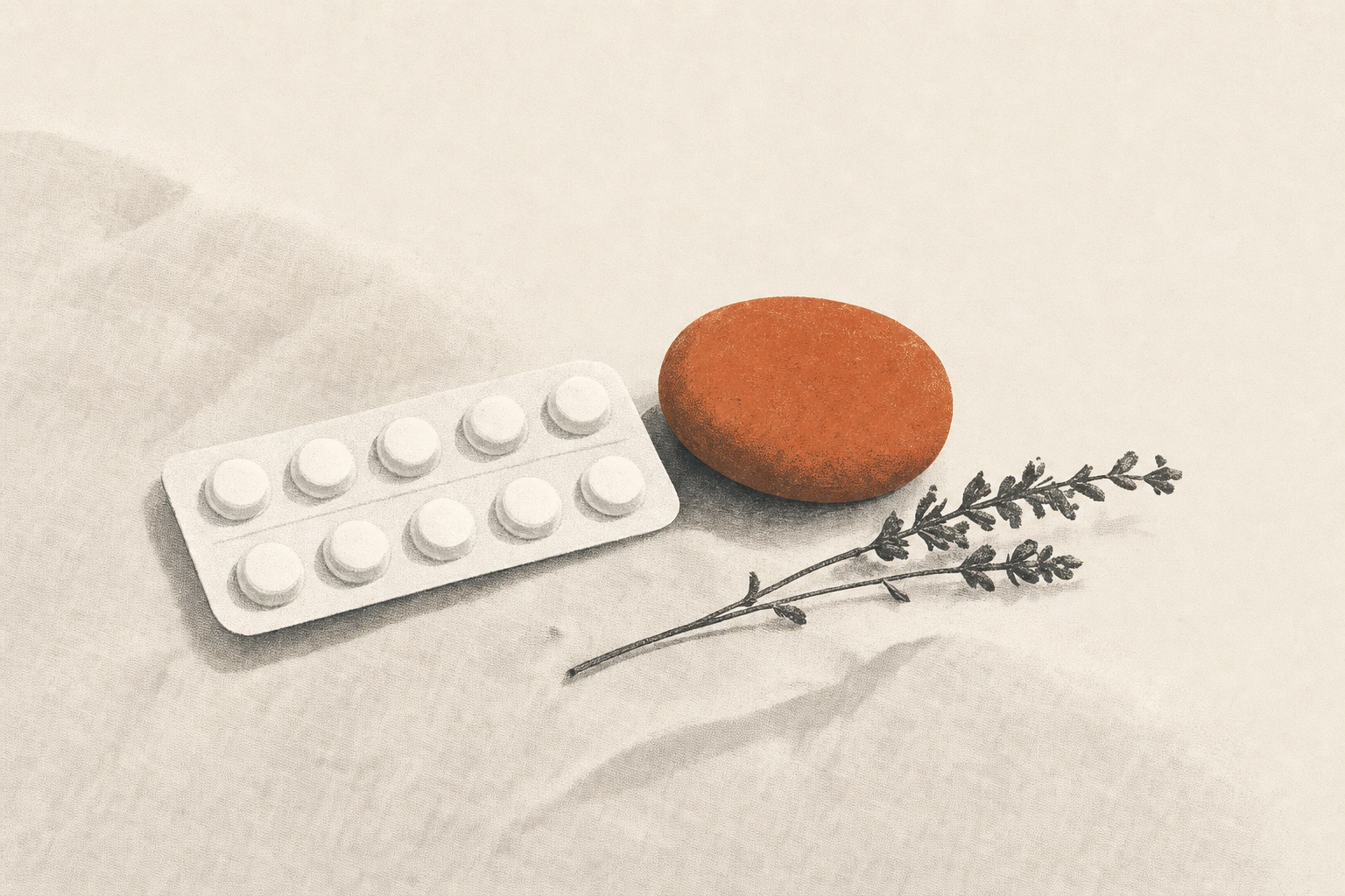 Ilustração editorial do Dorflex: combinação de analgésico, antiespasmódico e relaxante muscular.