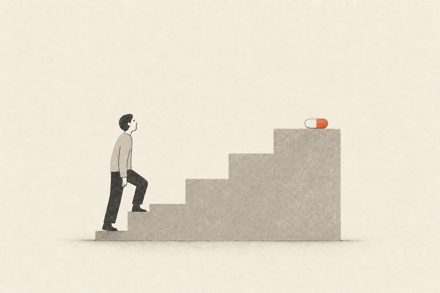 Guia de remédios para dor 4 Ilustração editorial de uma pessoa subindo uma escada em degraus até um comprimido no topo, representando a progressão gradual da escada analgésica