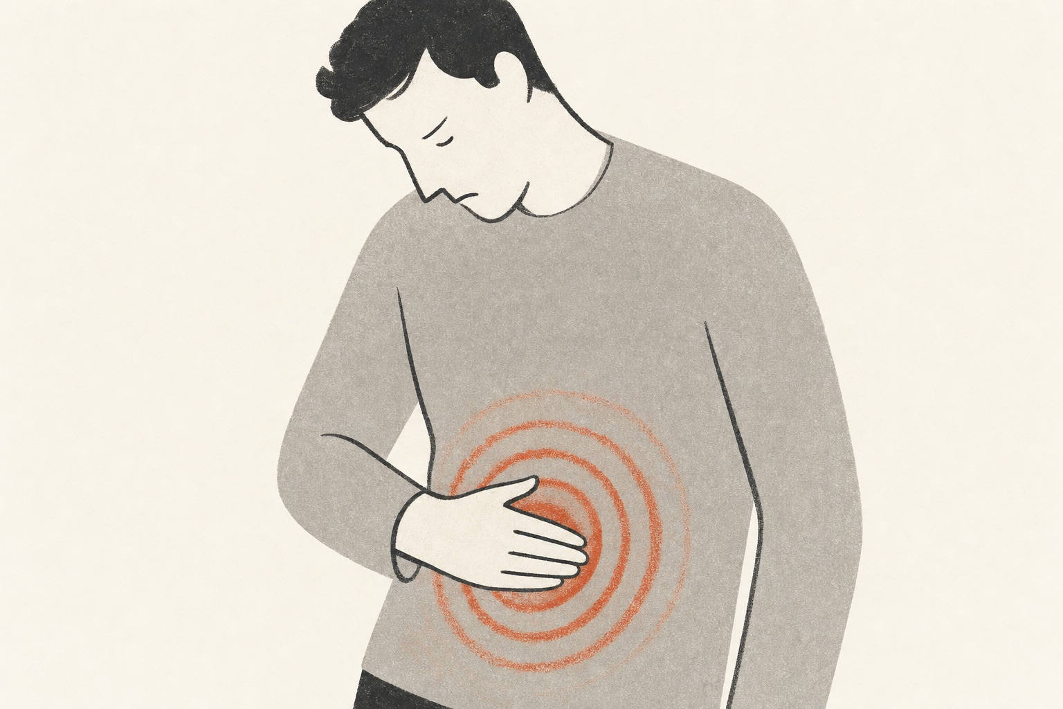 Ilustração editorial de uma mão sobre a barriga com uma onda em terracota sugerindo cólica.