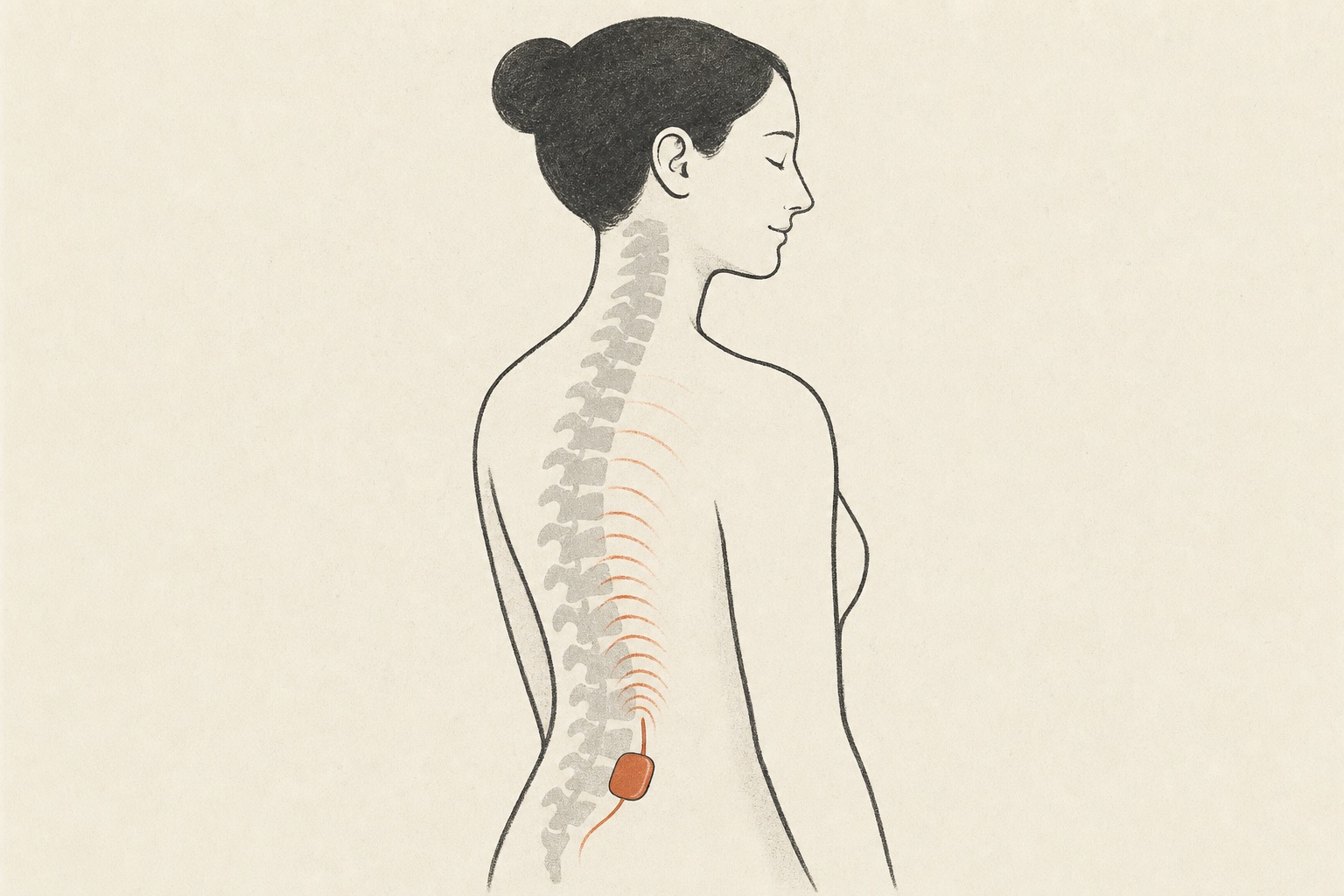 Ilustração editorial de uma coluna de perfil com um pequeno dispositivo emitindo ondas suaves em terracota.