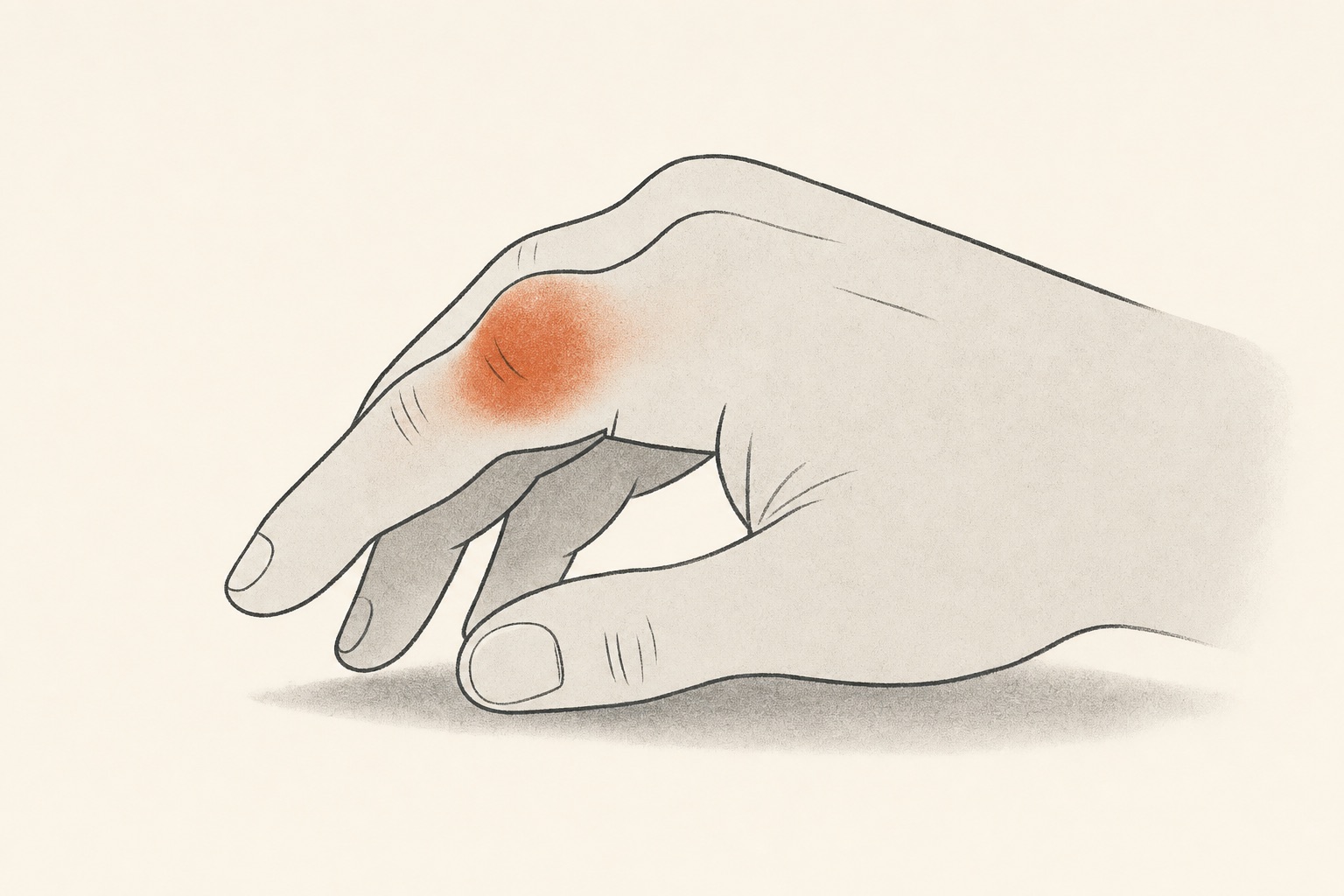 Ilustração editorial de uma articulação da mão com inchaço em terracota diminuindo.
