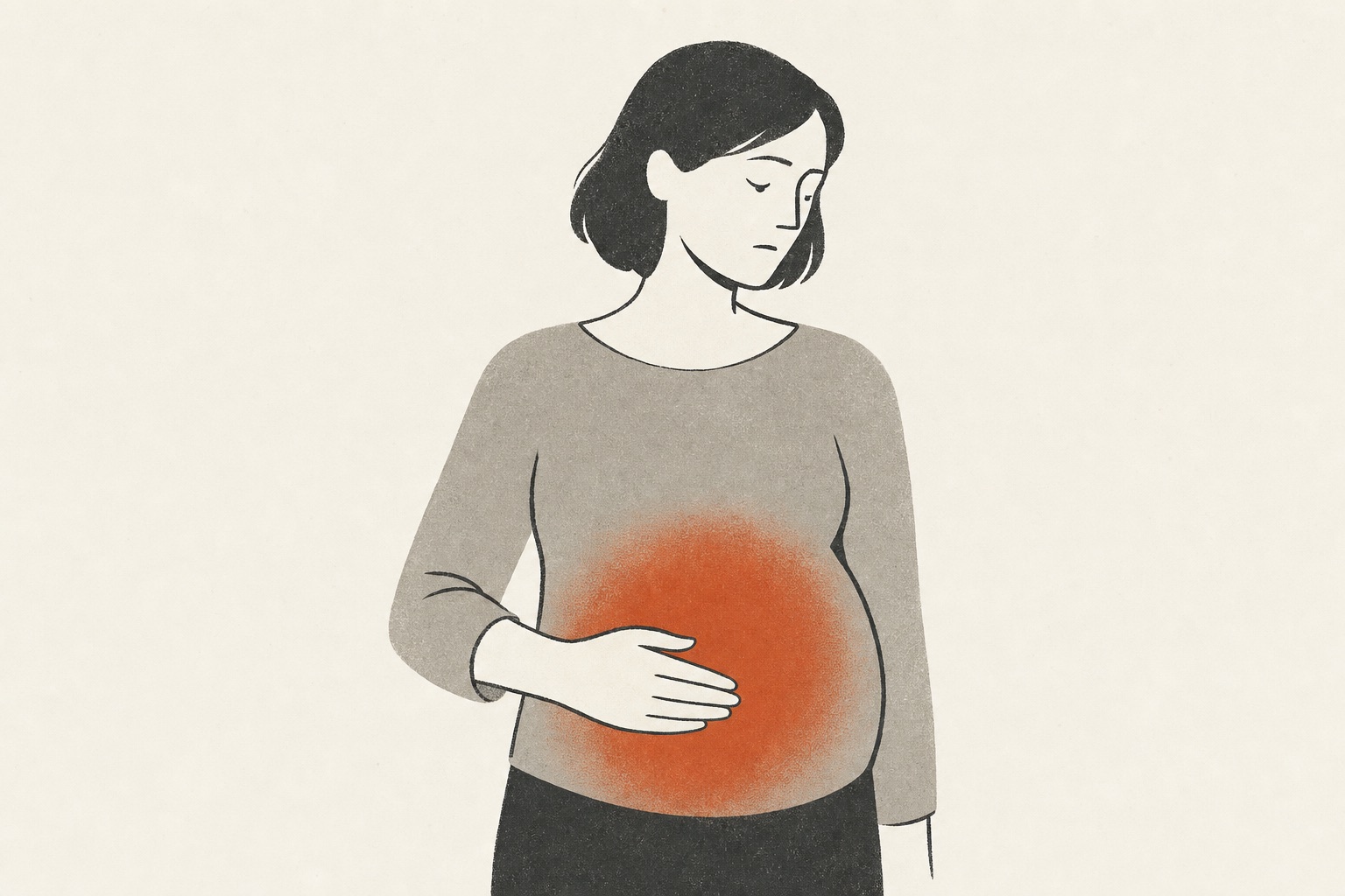 Ilustração editorial de uma pessoa com a mão na barriga levemente distendida, com brilho em terracota.