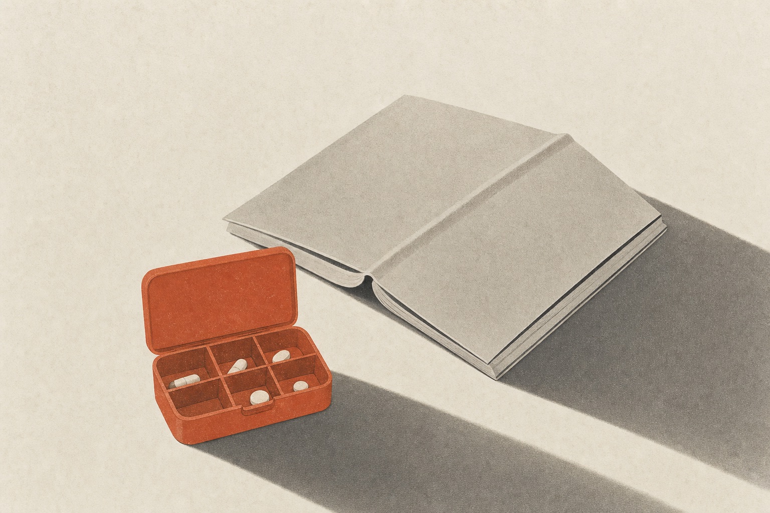 Ilustração editorial da sonolência causada por anti-histamínico: livro fechado e caixa de remédios.